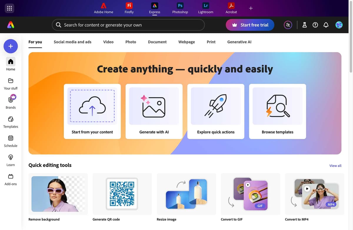 Adobe Express Homepage Interface