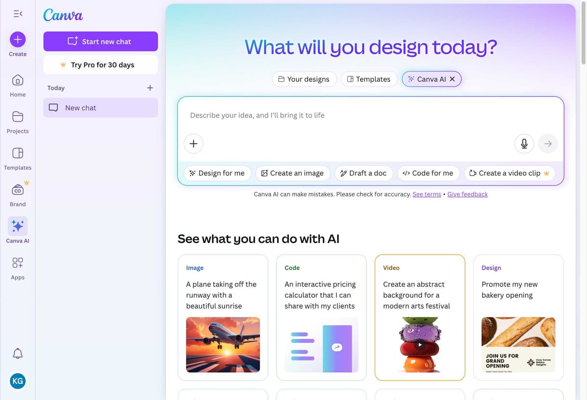 Canva AI Homepage Interface