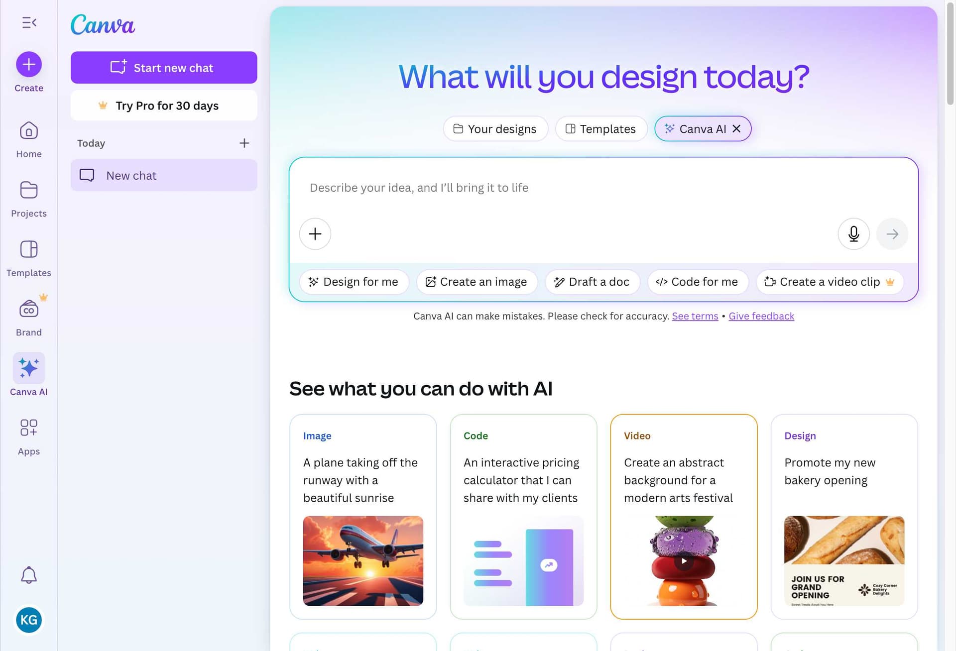 Canva AI homepage with design prompt interface
