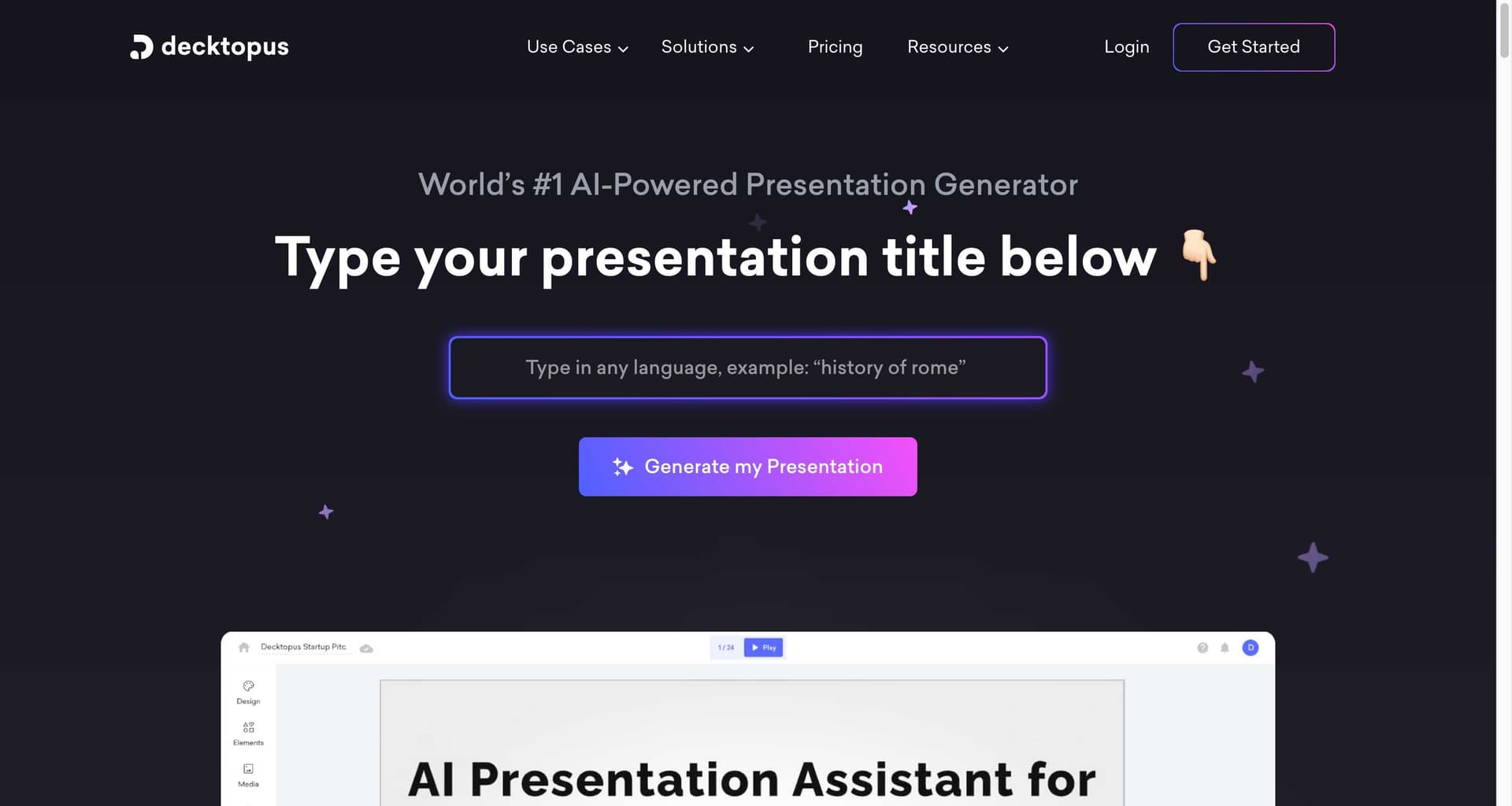 Decktopus homepage showing AI presentation creation