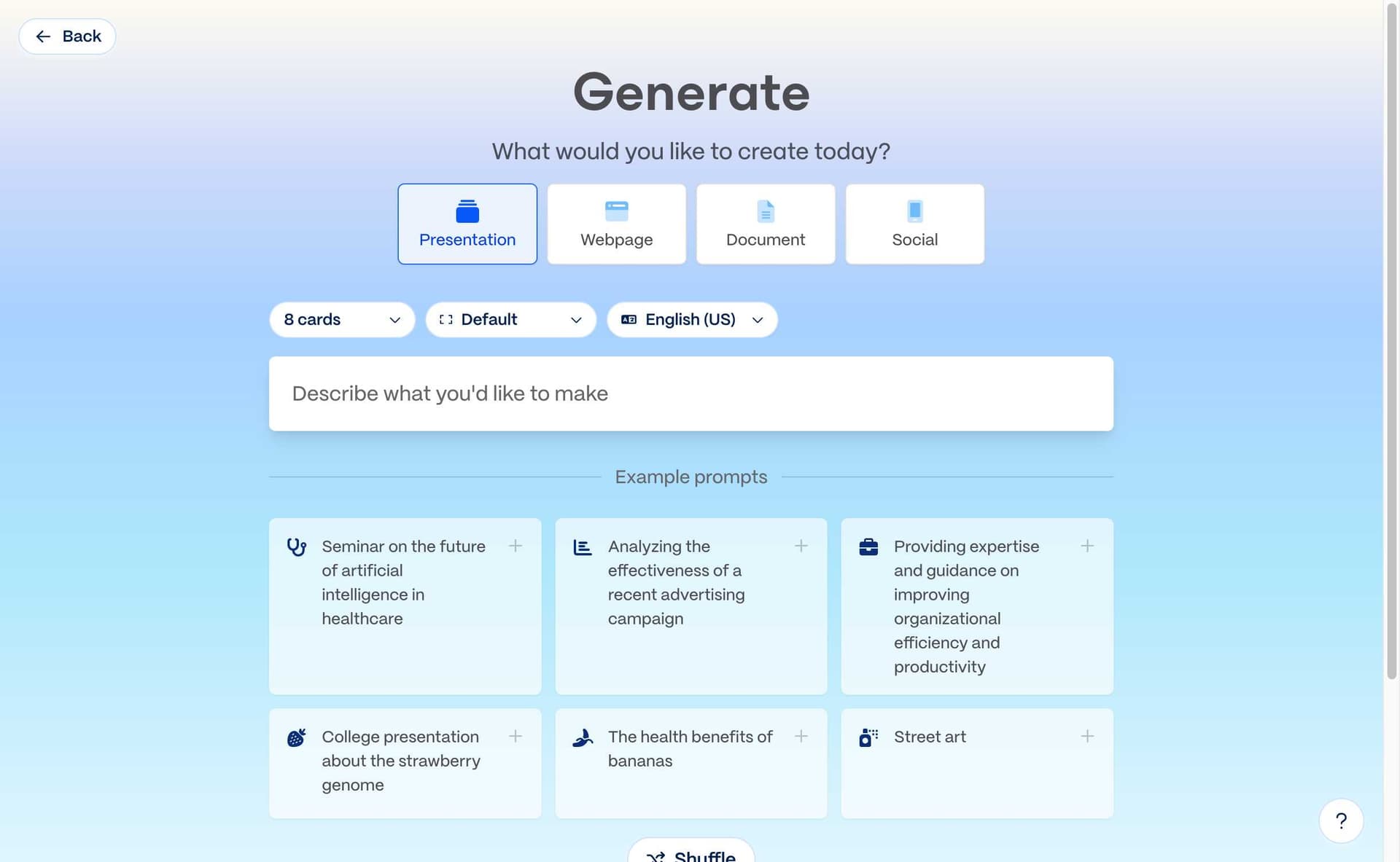 Gamma AI generation interface