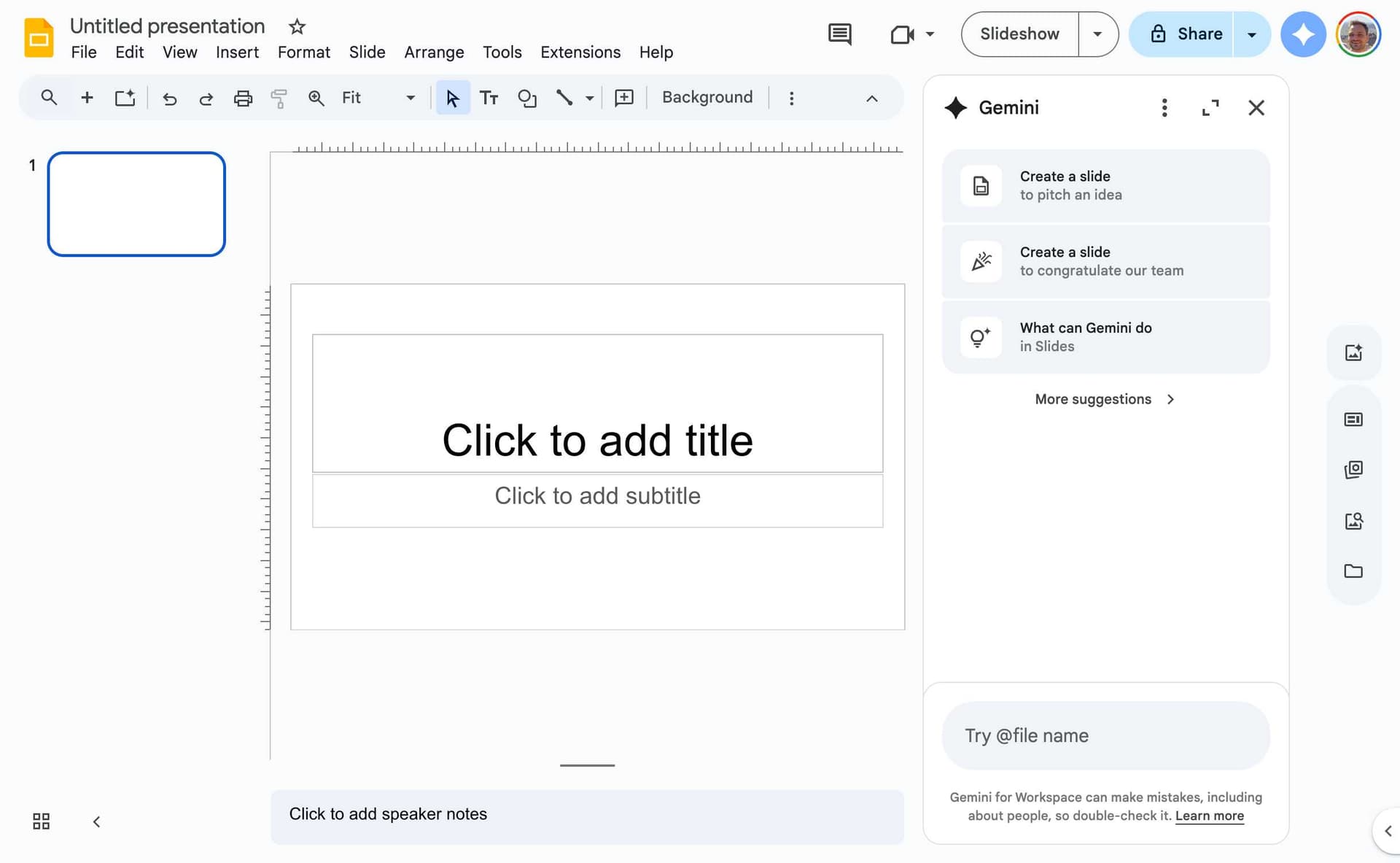 Google Slides blank presentation with Gemini AI panel visible