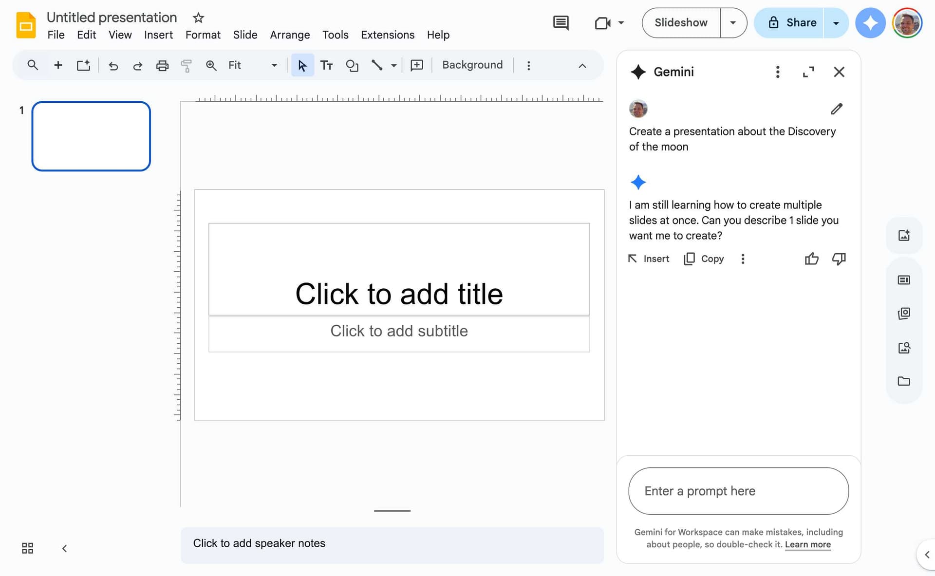 Gemini AI processing user prompt in Google Slides