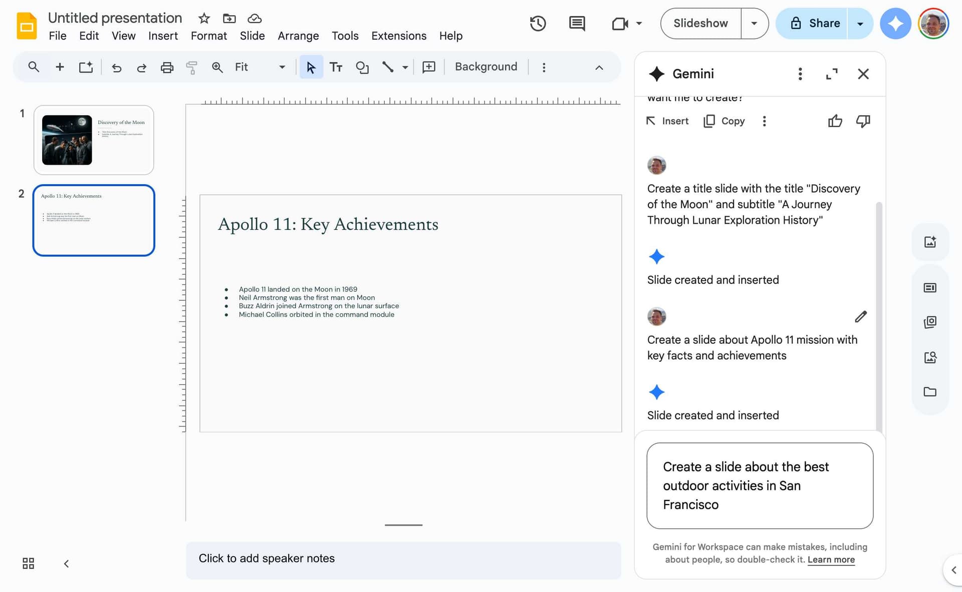 Google Slides AI suggestion feature for creating new slides
