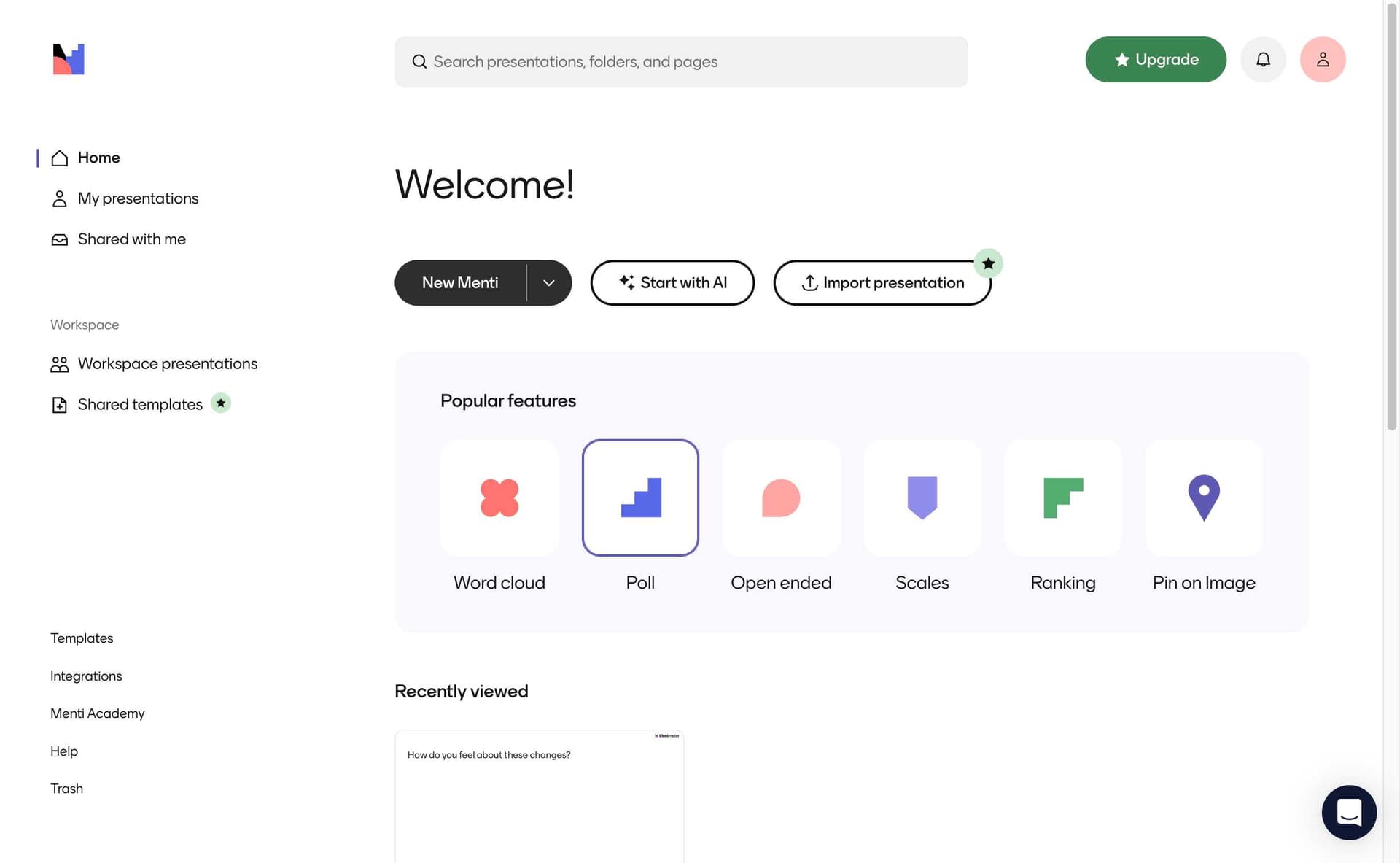 Mentimeter App Home Dashboard showing presentation creation options