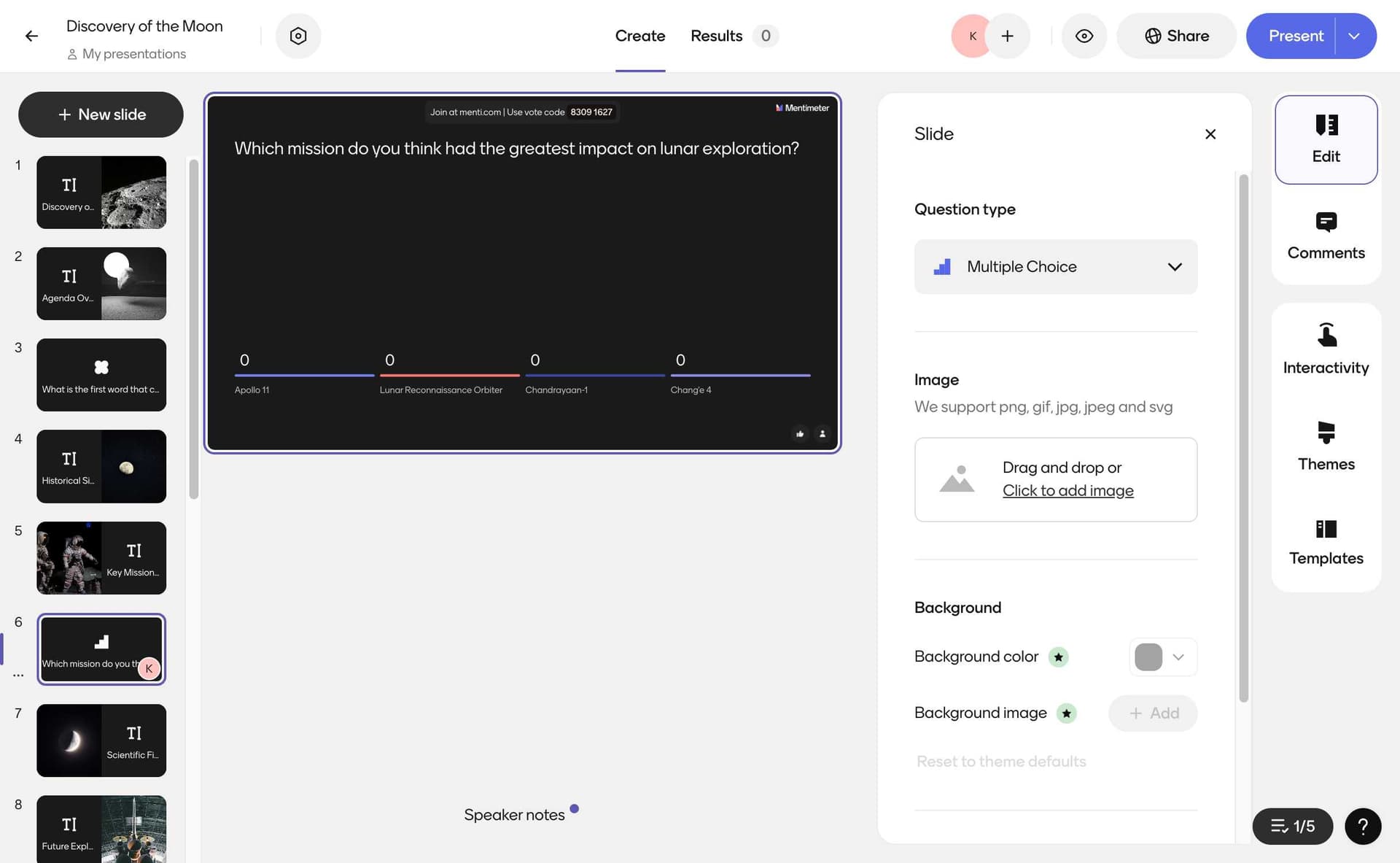 Mentimeter multiple choice interactive slide showing real-time voting results