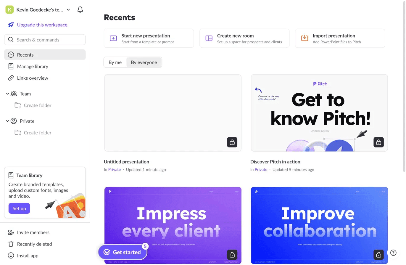 Pitch dashboard showing recent presentations