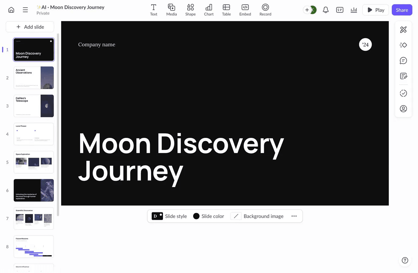 Pitch presentation editor showing title slide