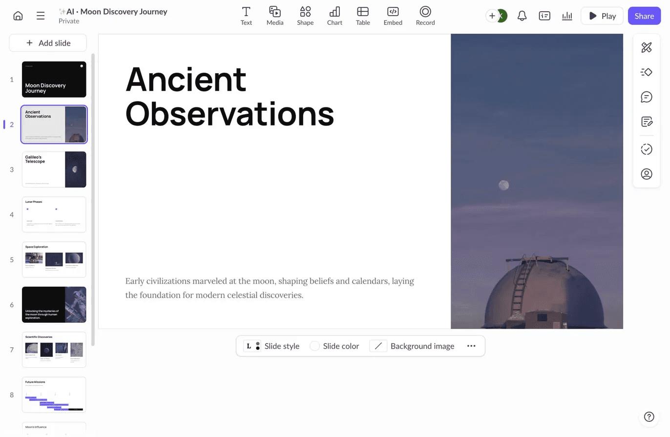 Pitch presentation editor showing content slide