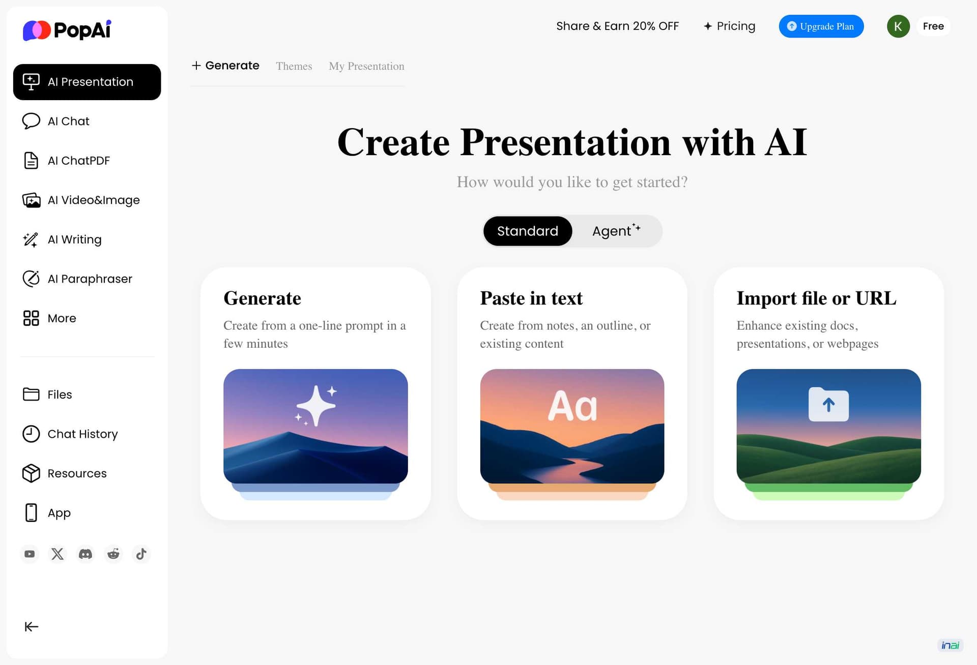 PopAI homepage showing presentation creation options