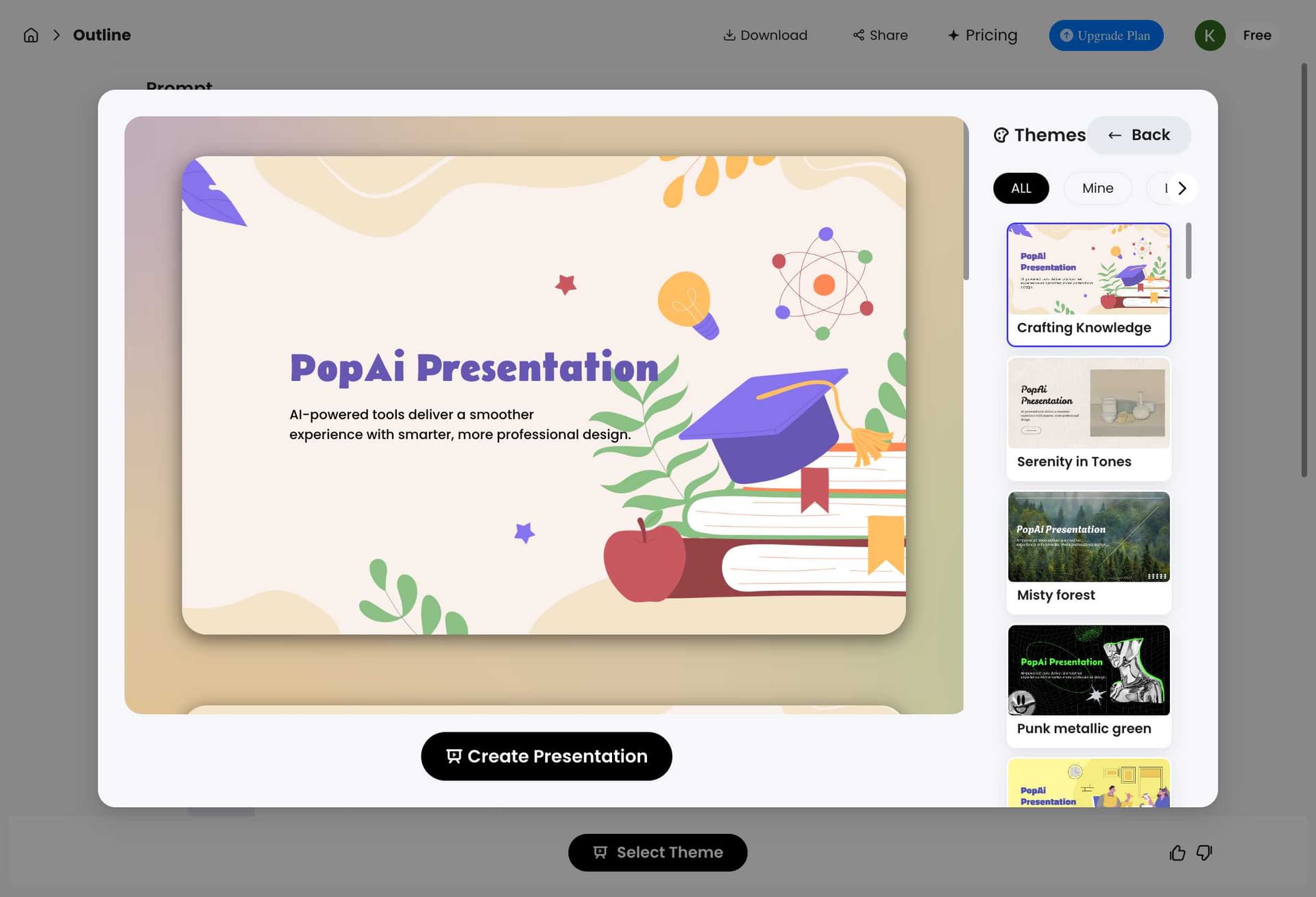 PopAI theme selection interface