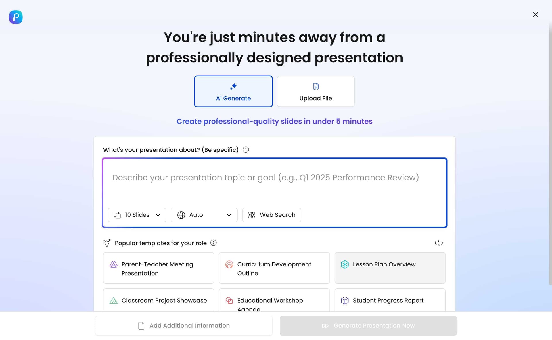 Main creation interface with topic input