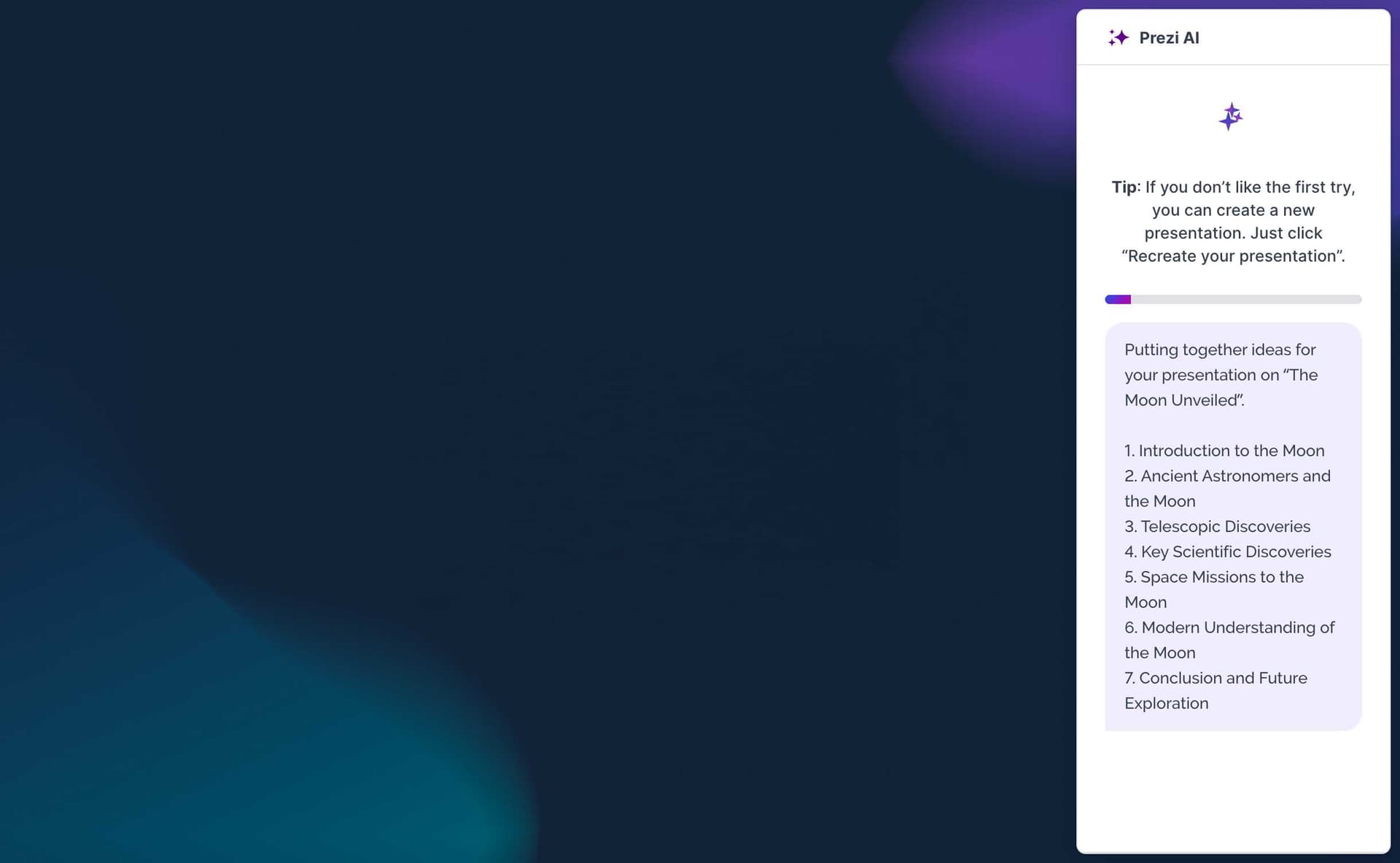 Prezi AI creating presentation with progress animation