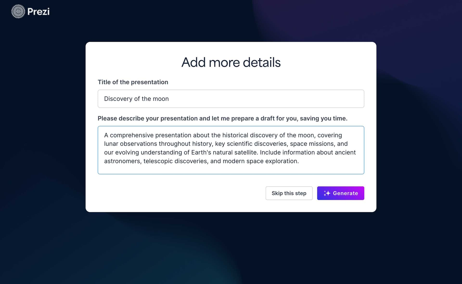 Prezi description field filled with presentation details