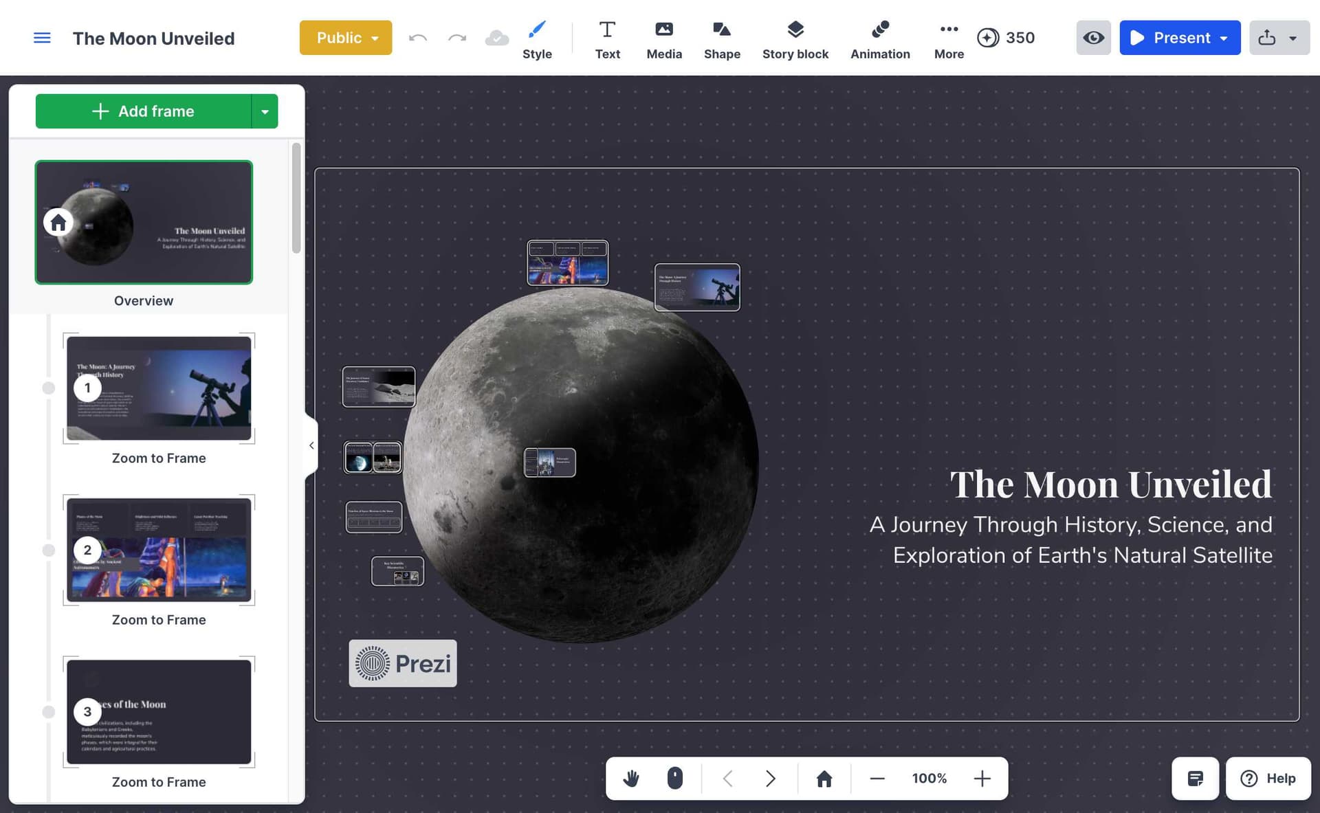 Prezi main editor interface showing editing tools and frame navigation