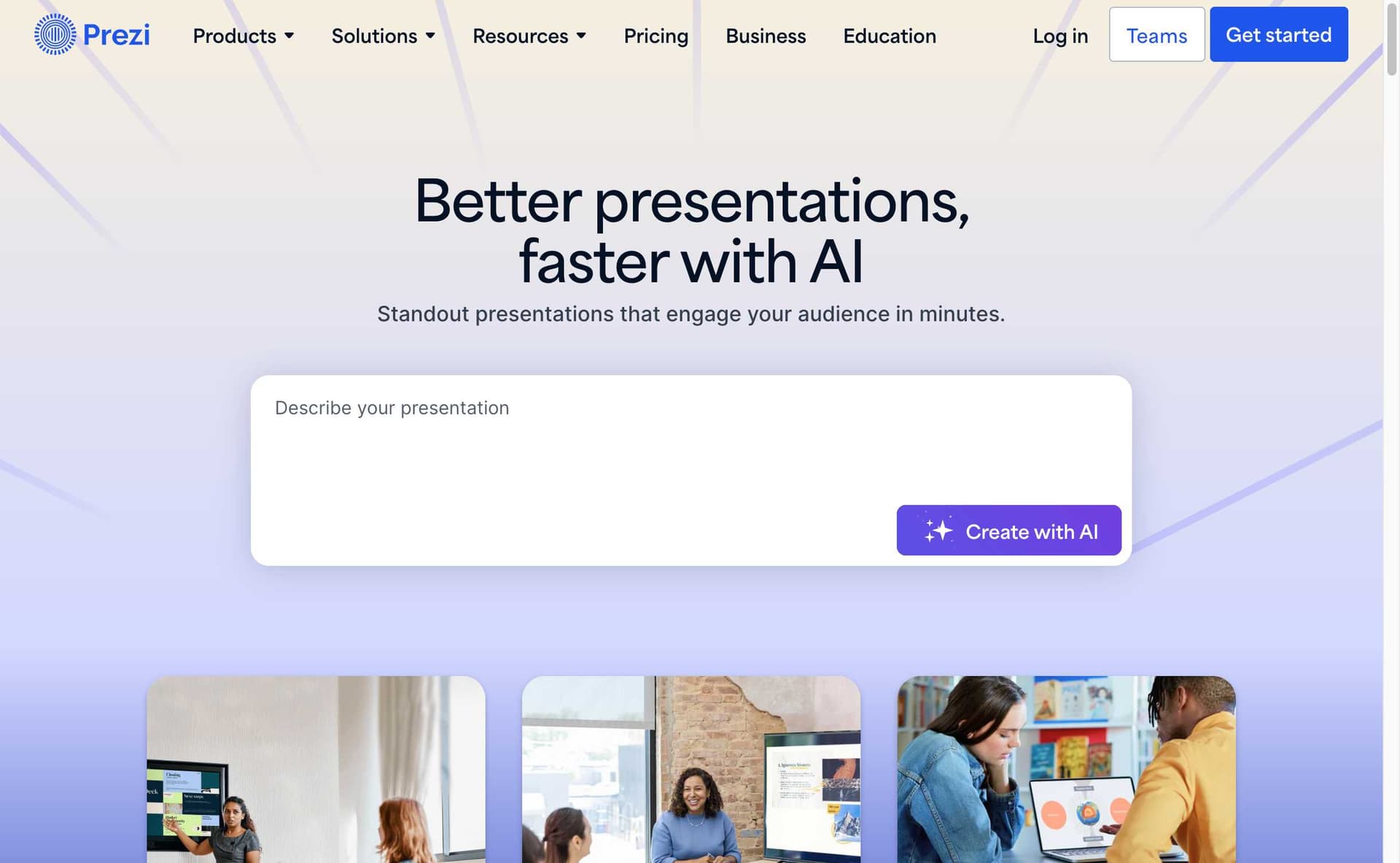 Prezi homepage showing AI presentation creation interface