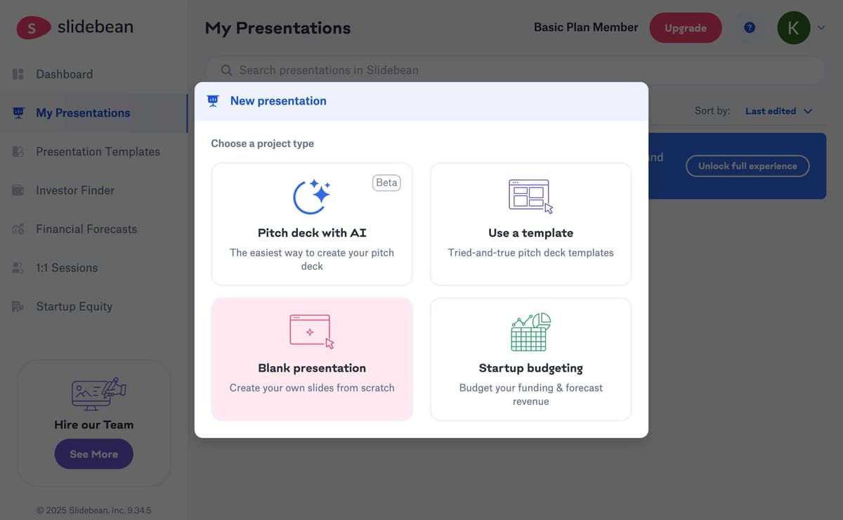 SlideBean New Presentation Options