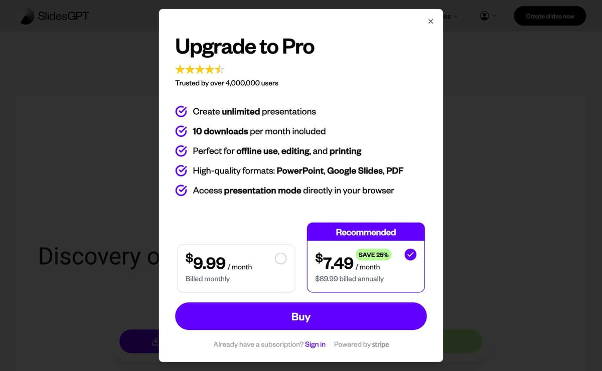 SlidesGPT Download Pricing Dialog