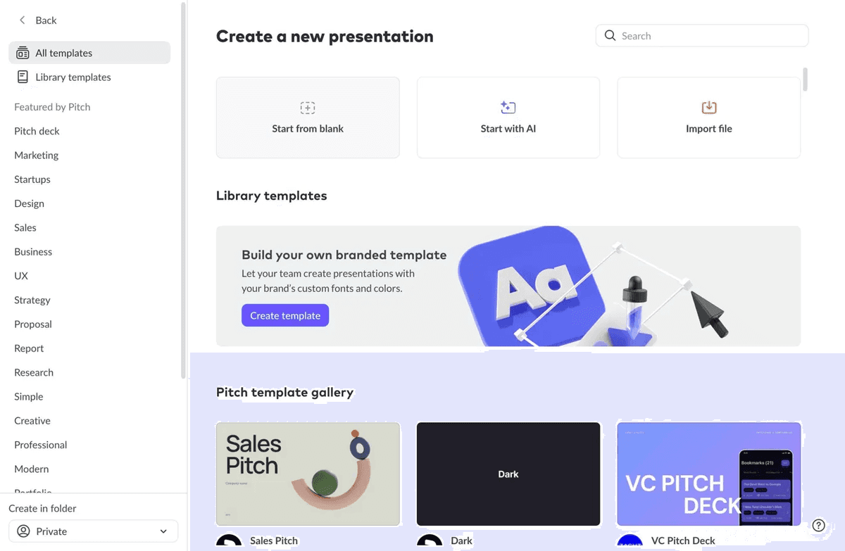 Pitch.com Start New Presentation Screen