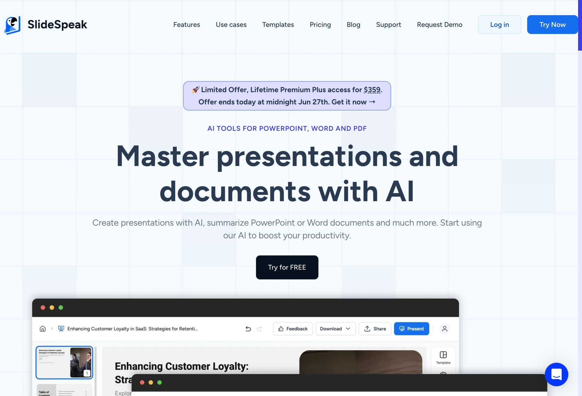 SlideSpeak homepage showing AI presentation creation interface