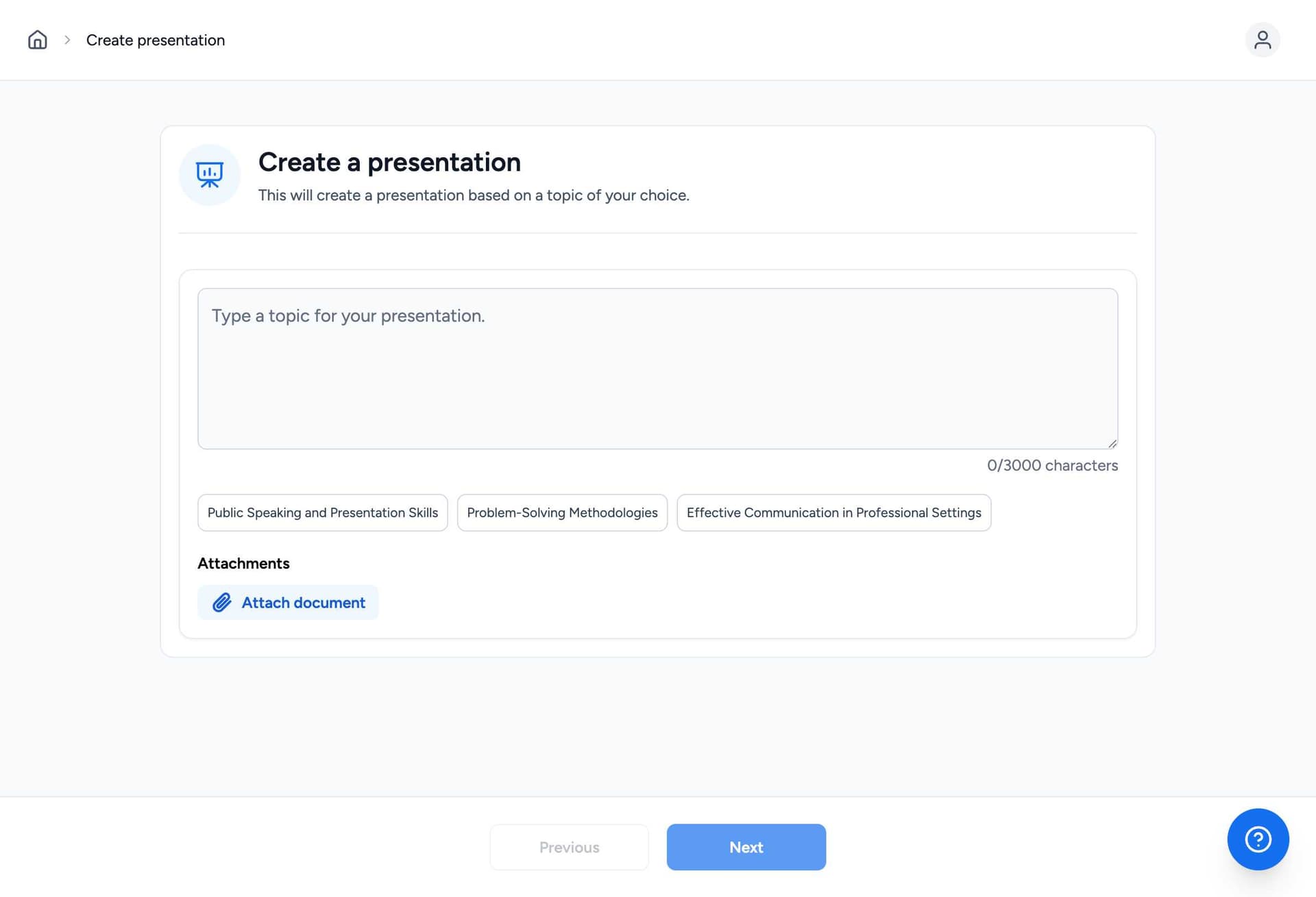 SlideSpeak topic input interface