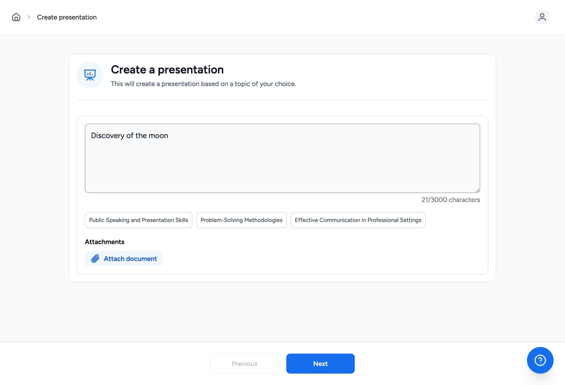 SlideSpeak topic entry interface