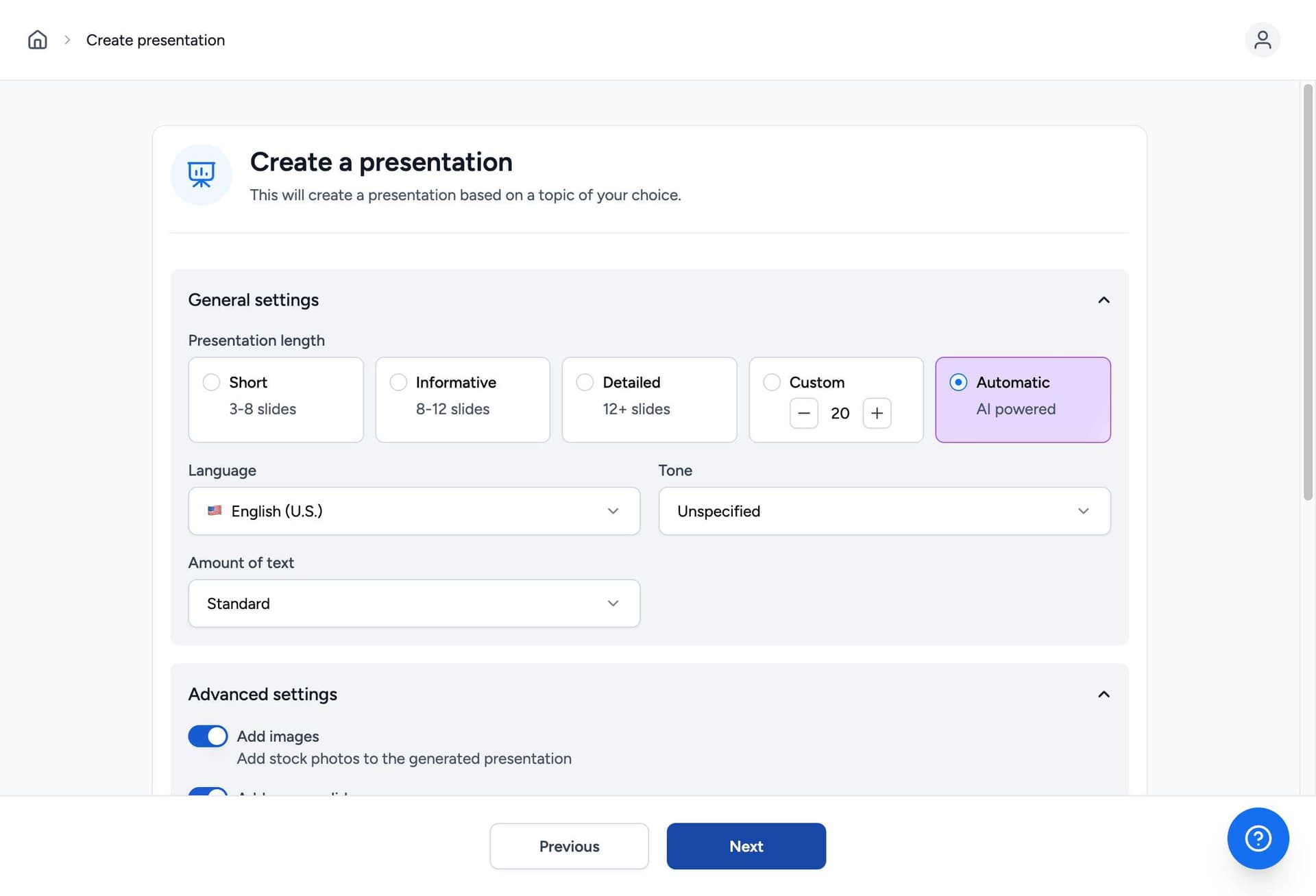 SlideSpeak presentation settings and customization options