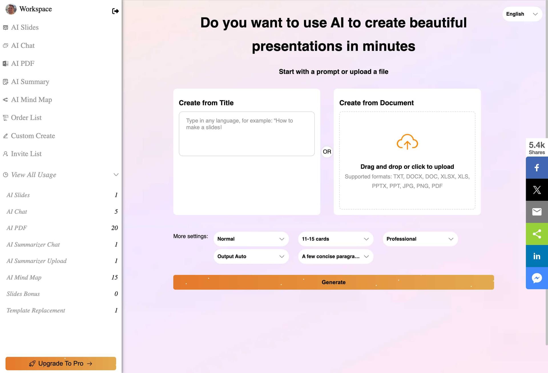 AutoPPT main interface showing creation options