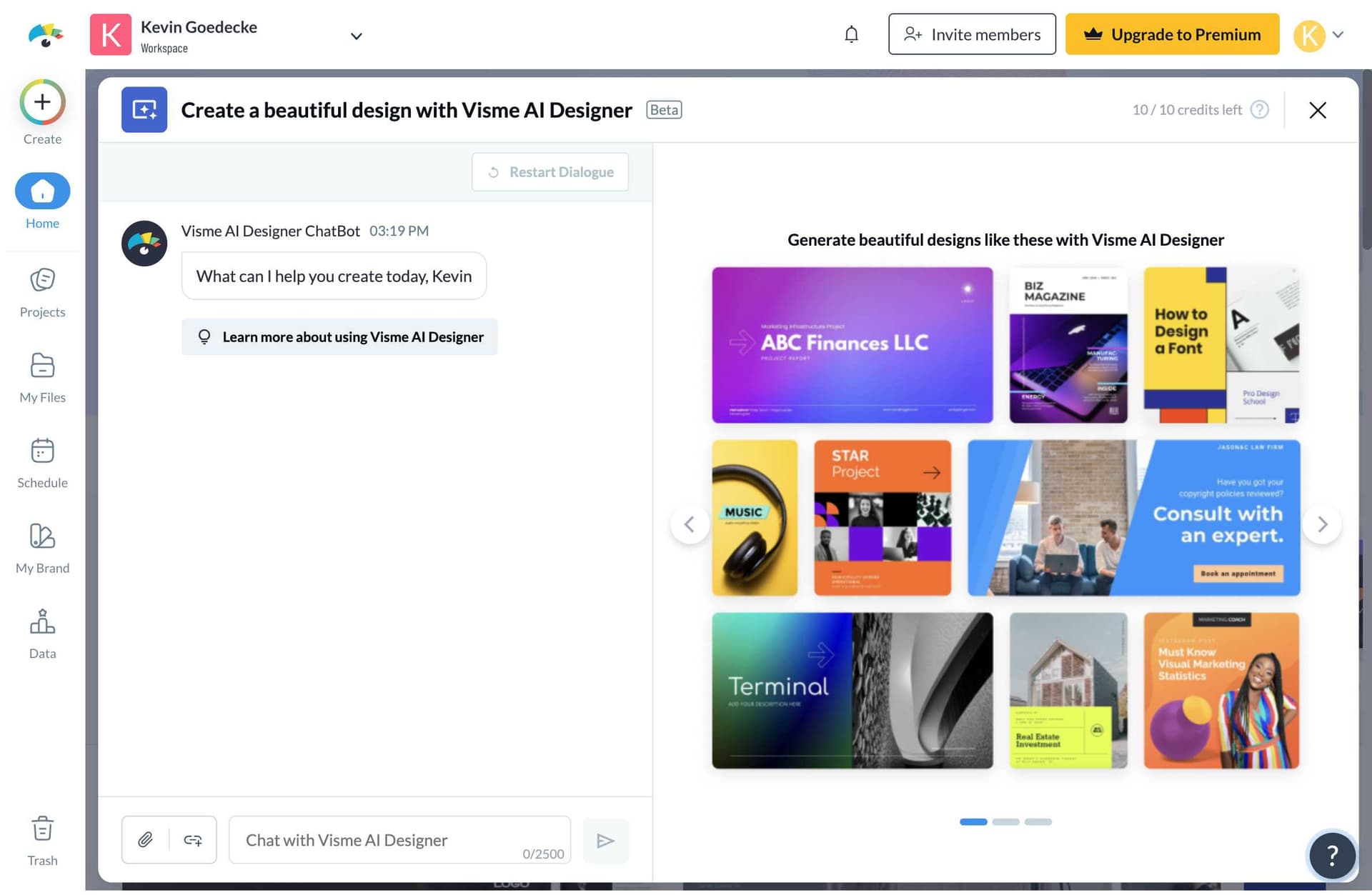 Visme AI Designer chat interface for creating presentations