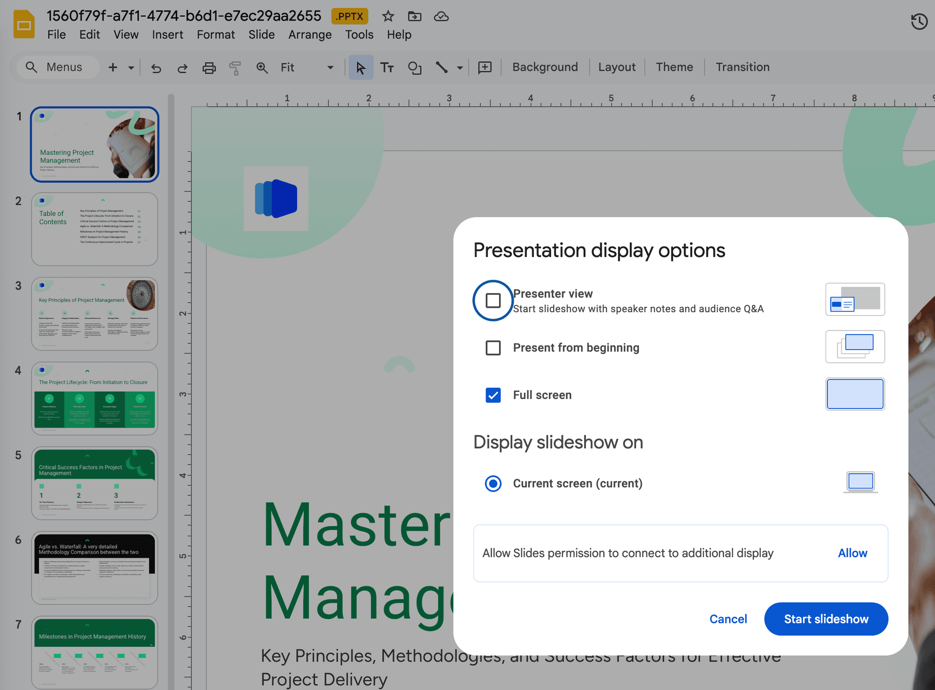 Google Slides presentation options showing present to another screen and presenter view options
