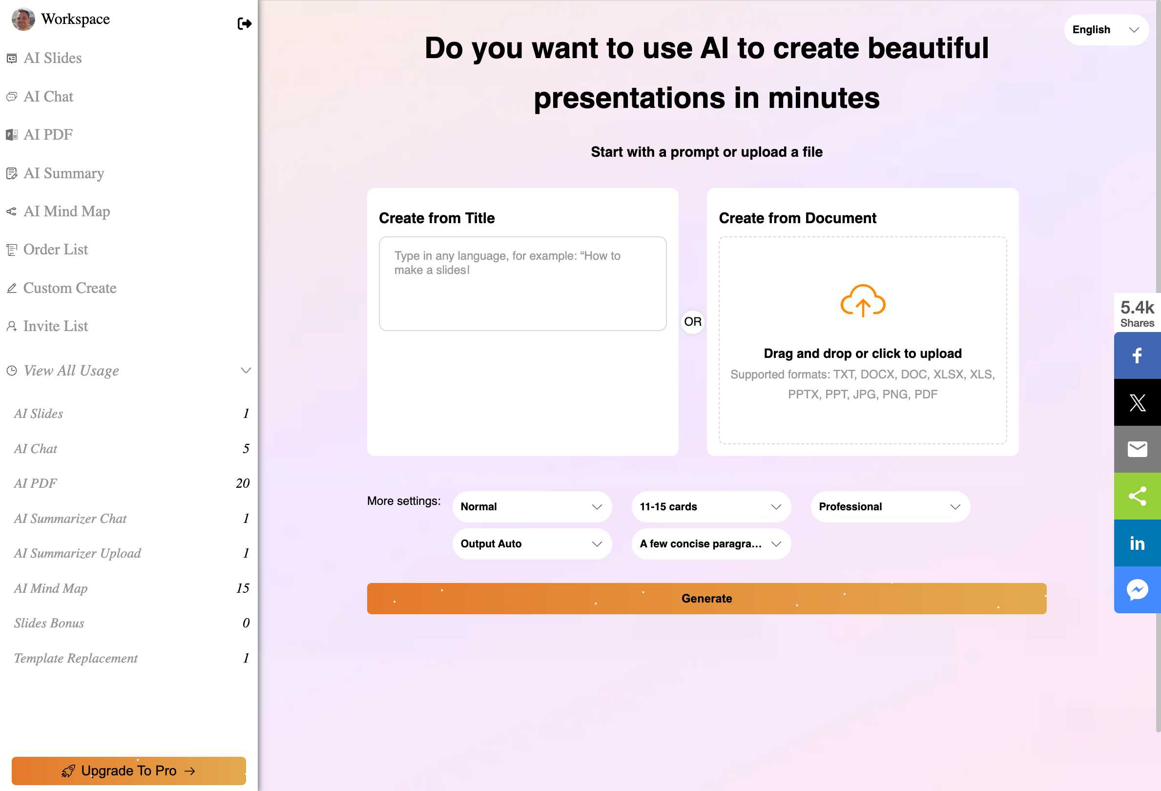 AutoPPT main interface showing creation options