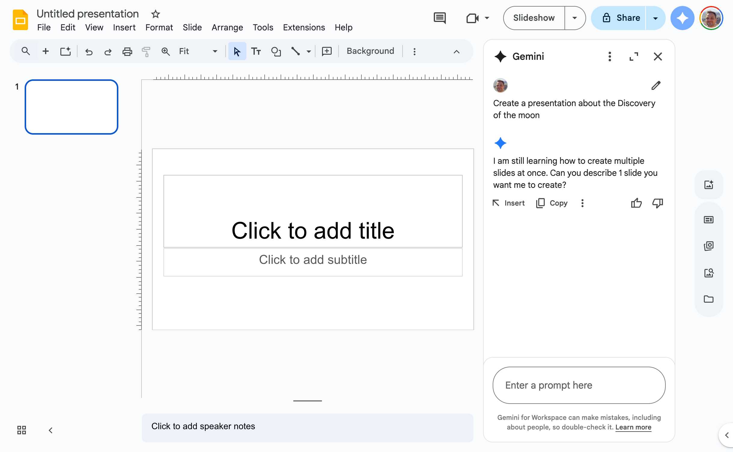 Gemini AI processing user prompt in Google Slides