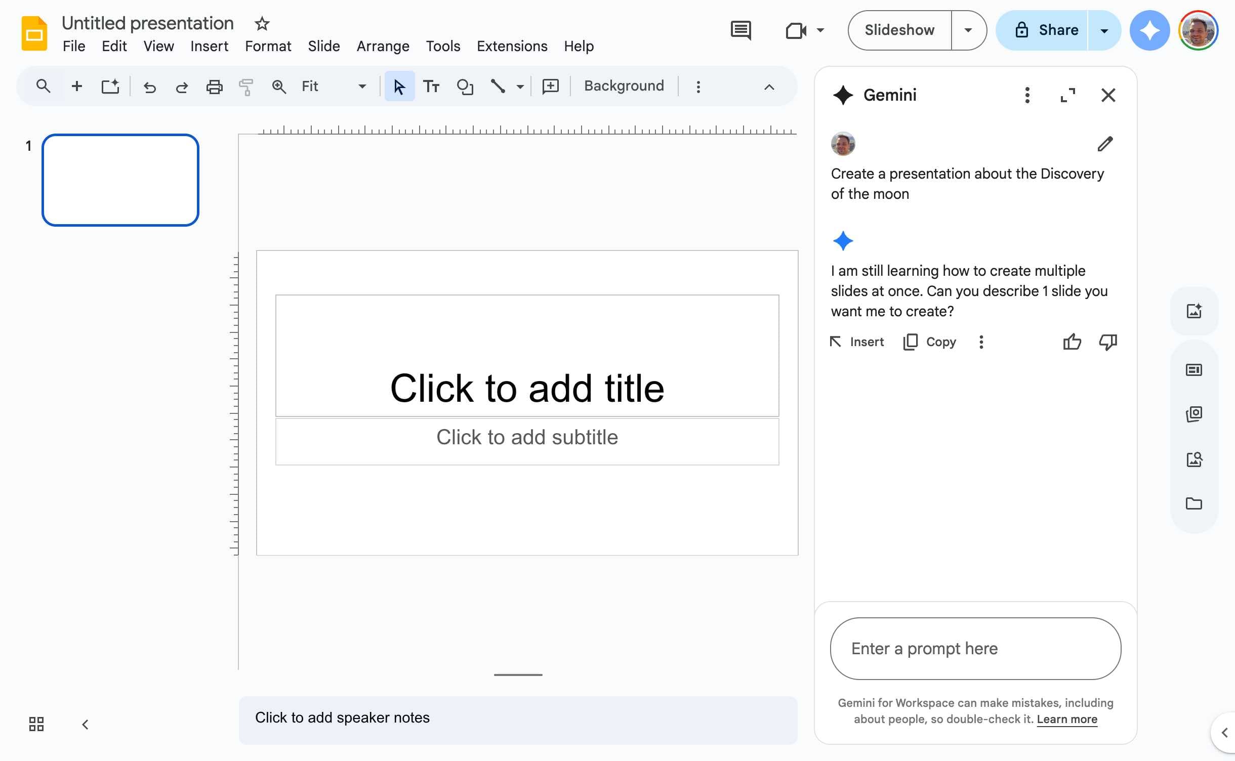 Gemini AI processing user prompt in Google Slides