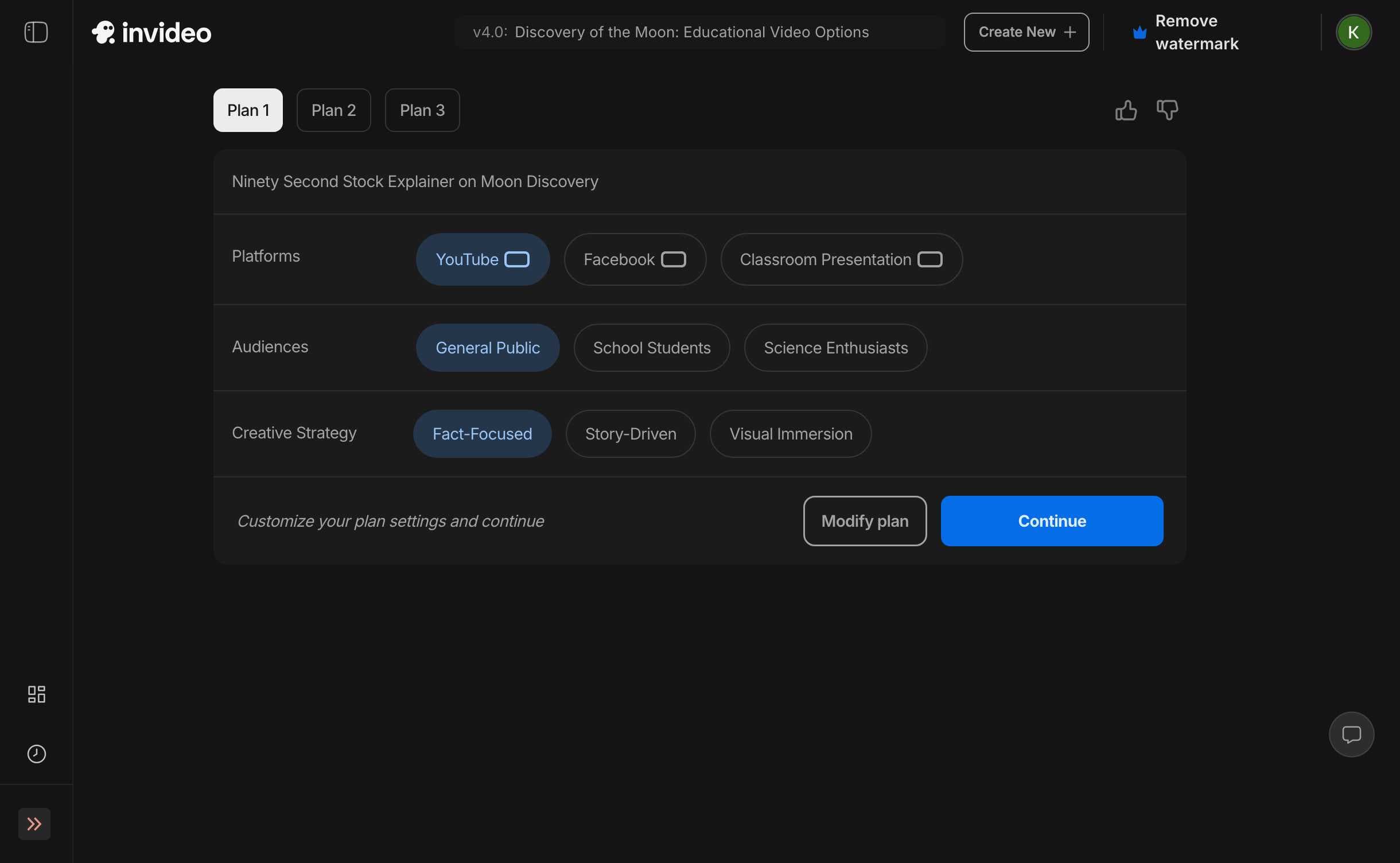 InVideo Plan Selection