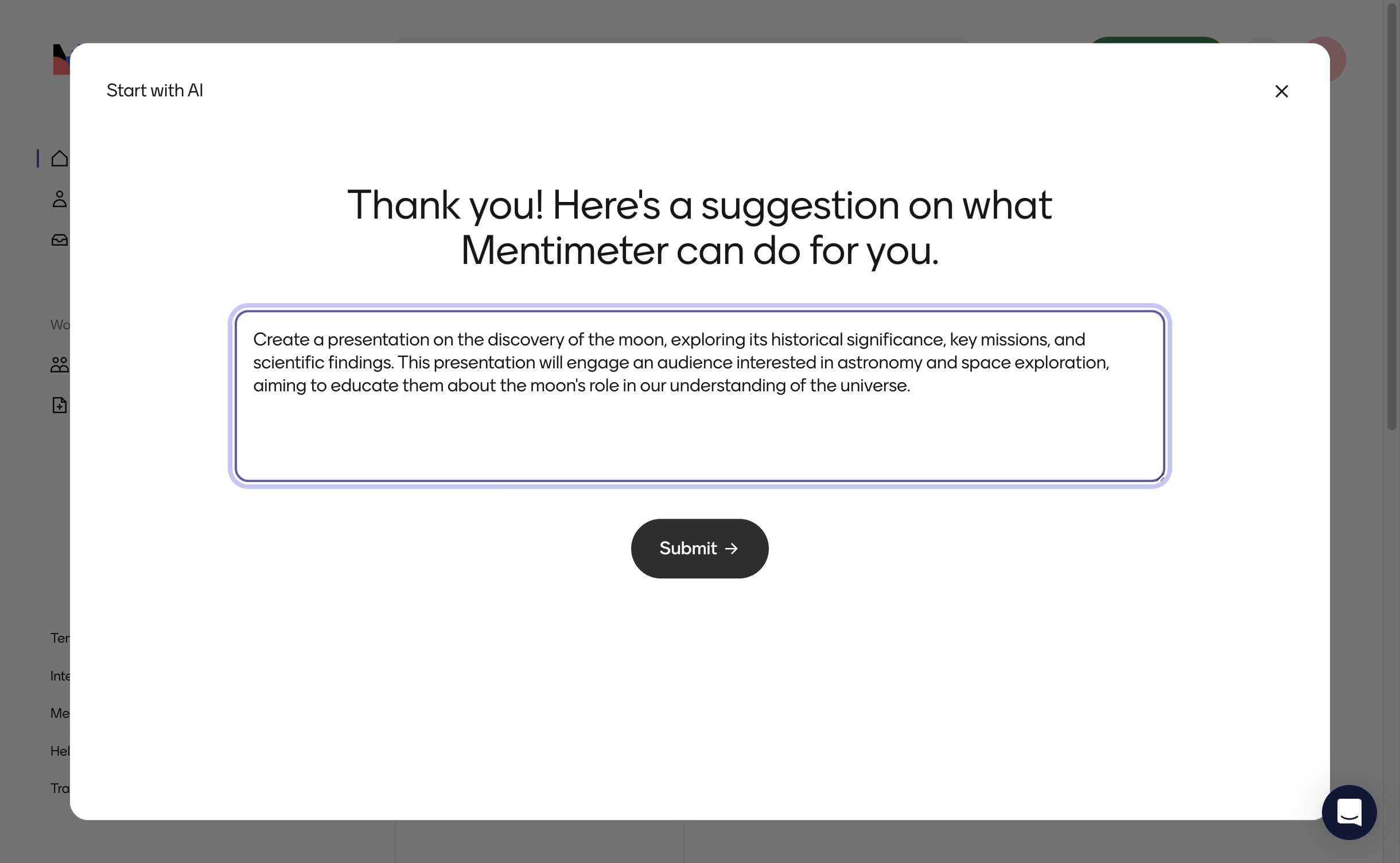 Mentimeter AI generated suggestion expanding the topic into a detailed presentation concept
