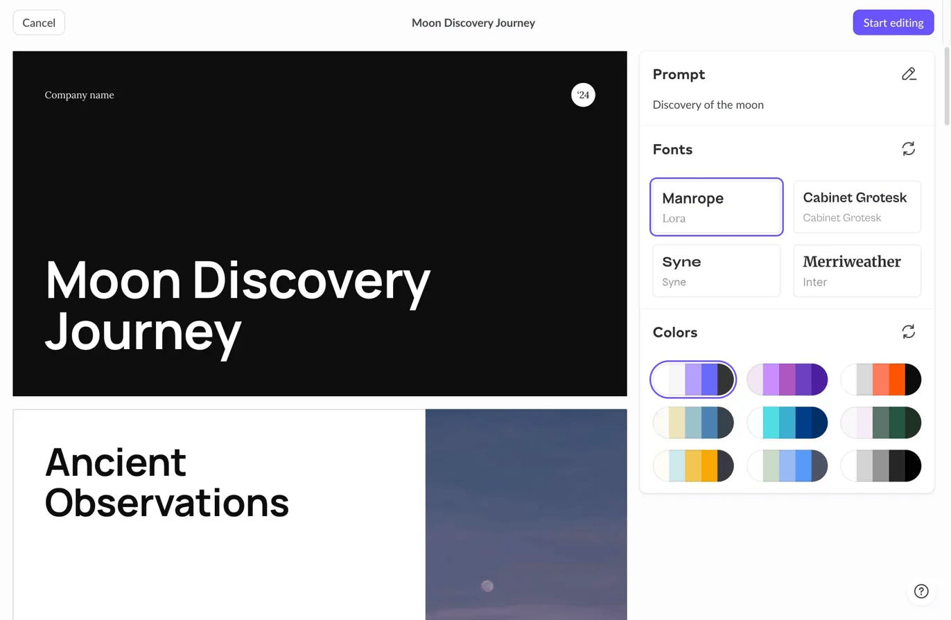 AI presentation generation interface showing automated content creation