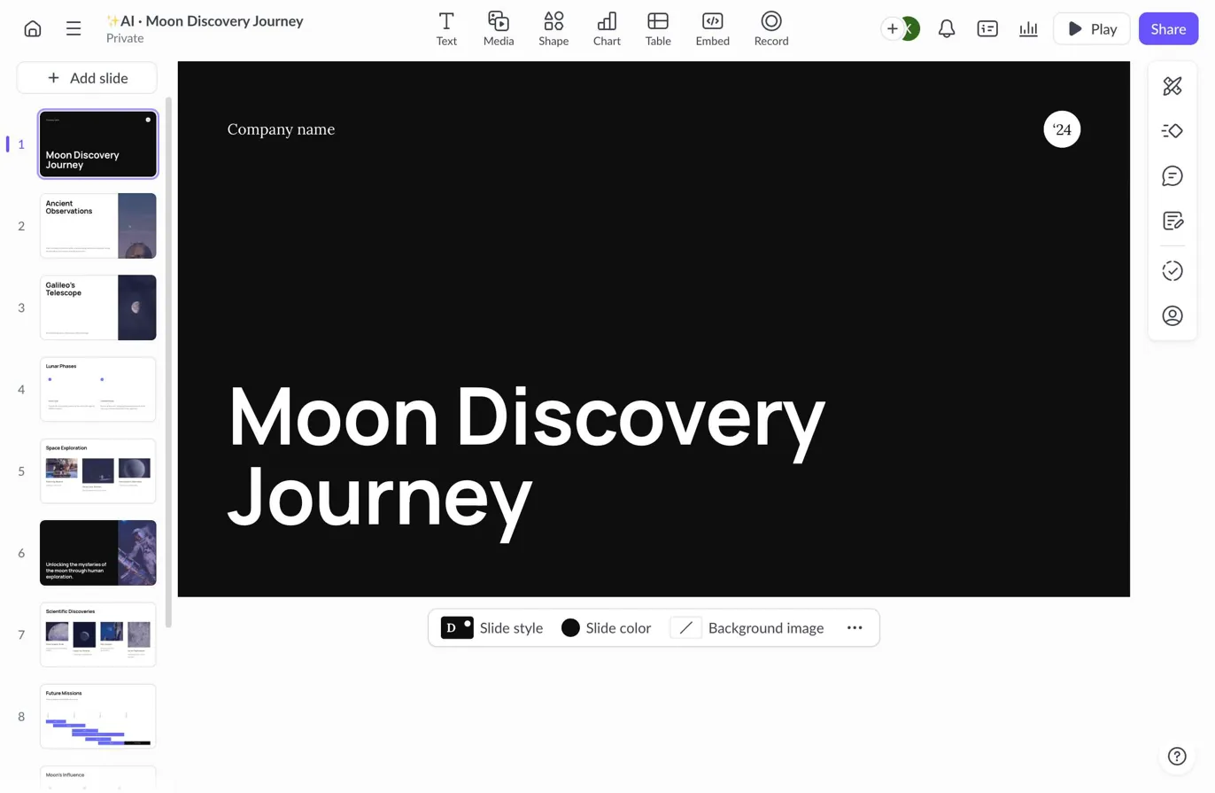 Pitch presentation editor showing title slide