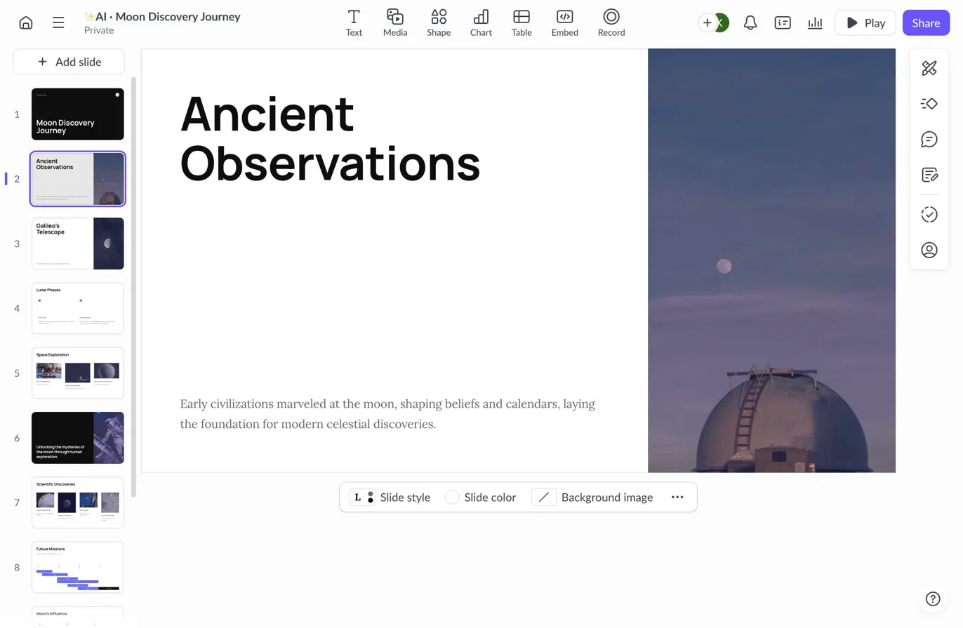 Pitch presentation editor showing content slide
