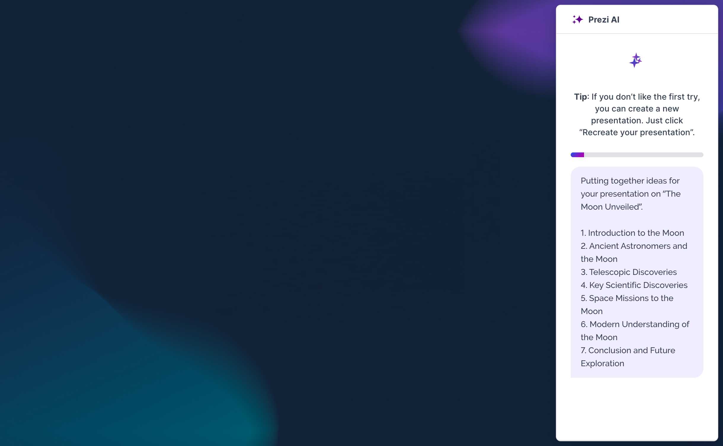 Prezi AI creating presentation with progress animation