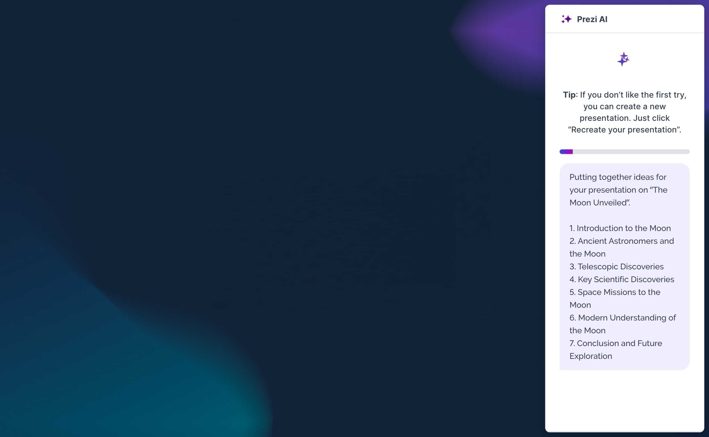 Prezi AI creating presentation with progress animation
