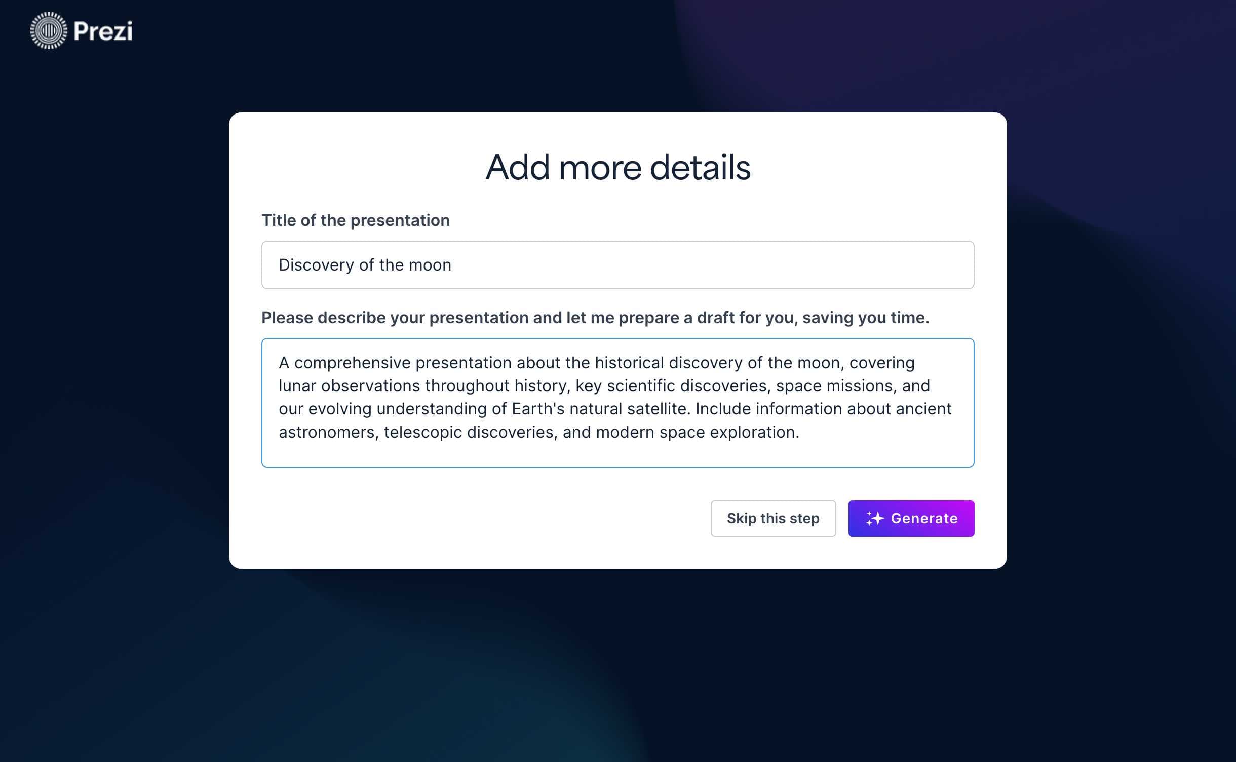 Prezi description field filled with presentation details