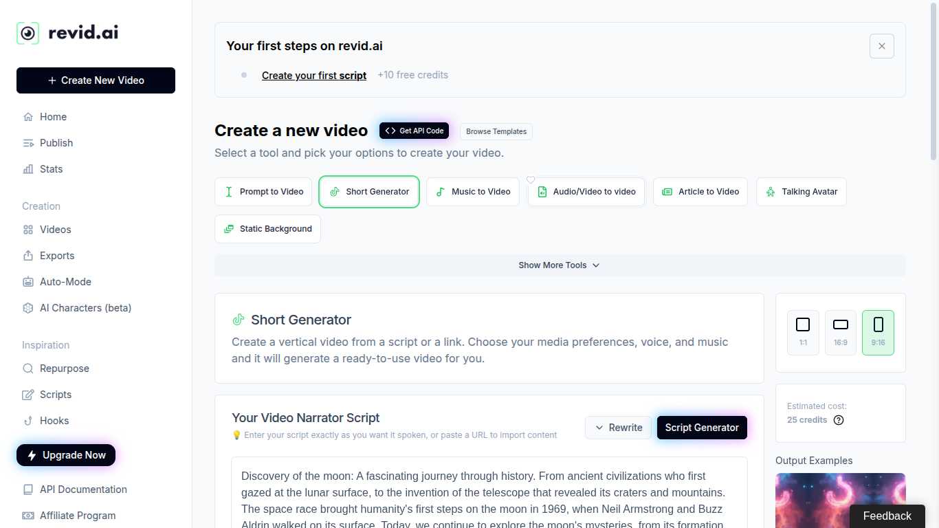 Revid.ai script generation interface