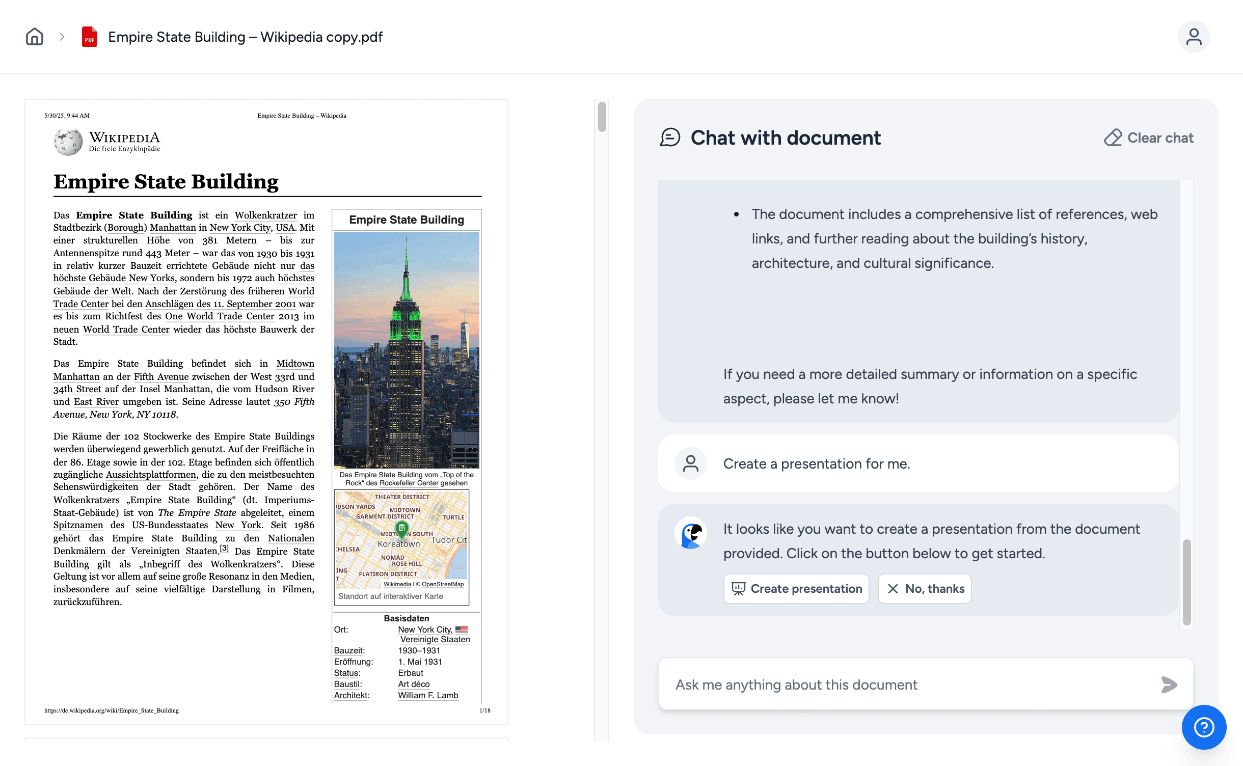 SlideSpeak AI chatbot presentation creation interface