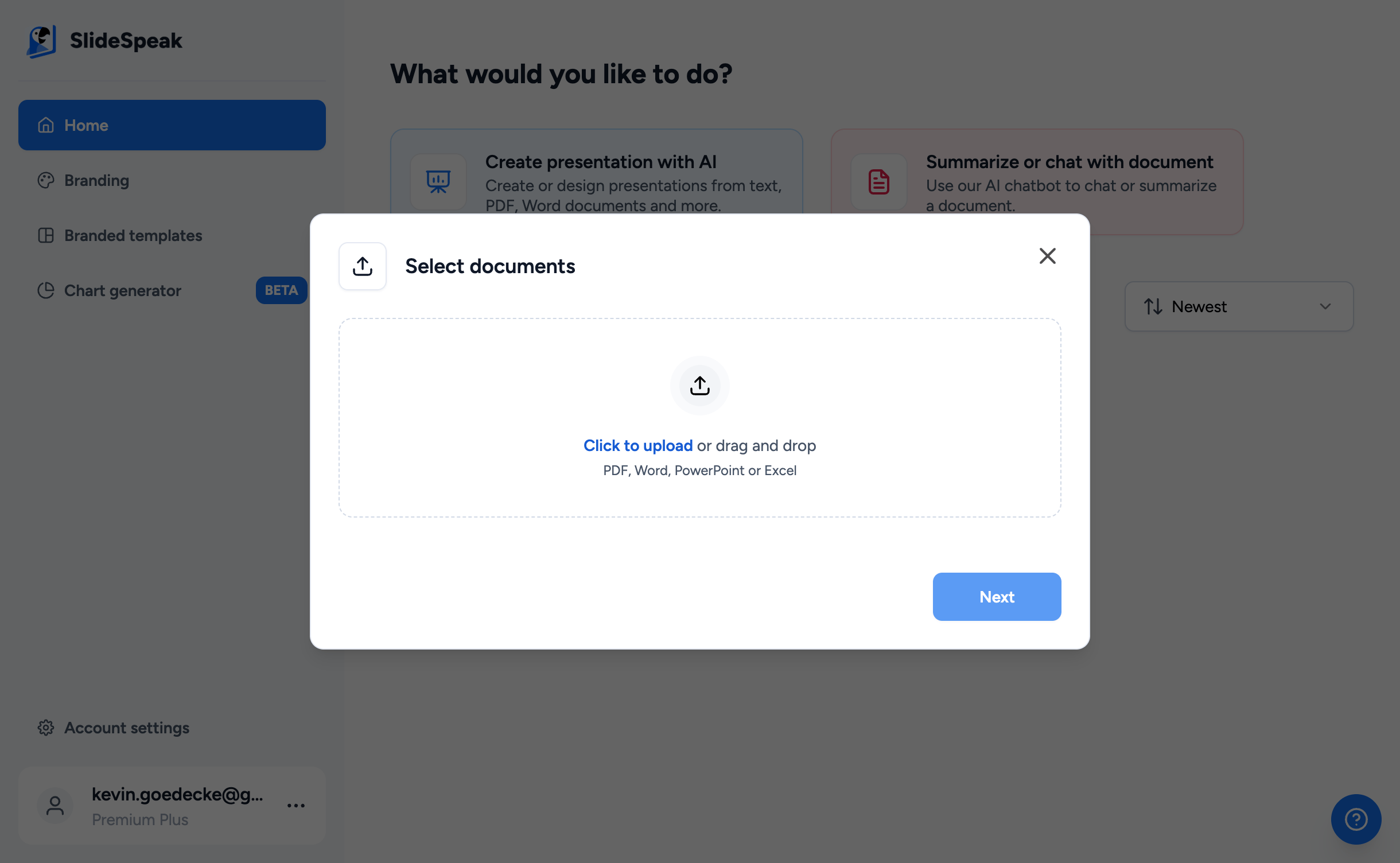 SlideSpeak document upload interface