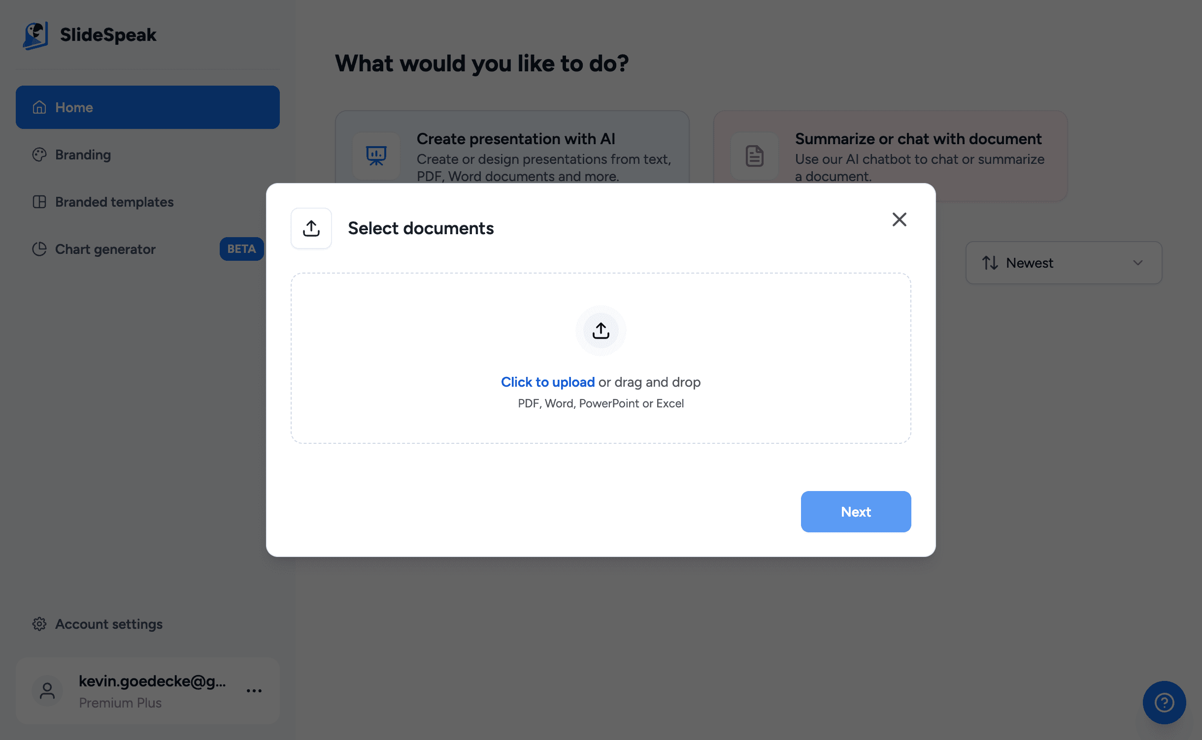 SlideSpeak document upload interface