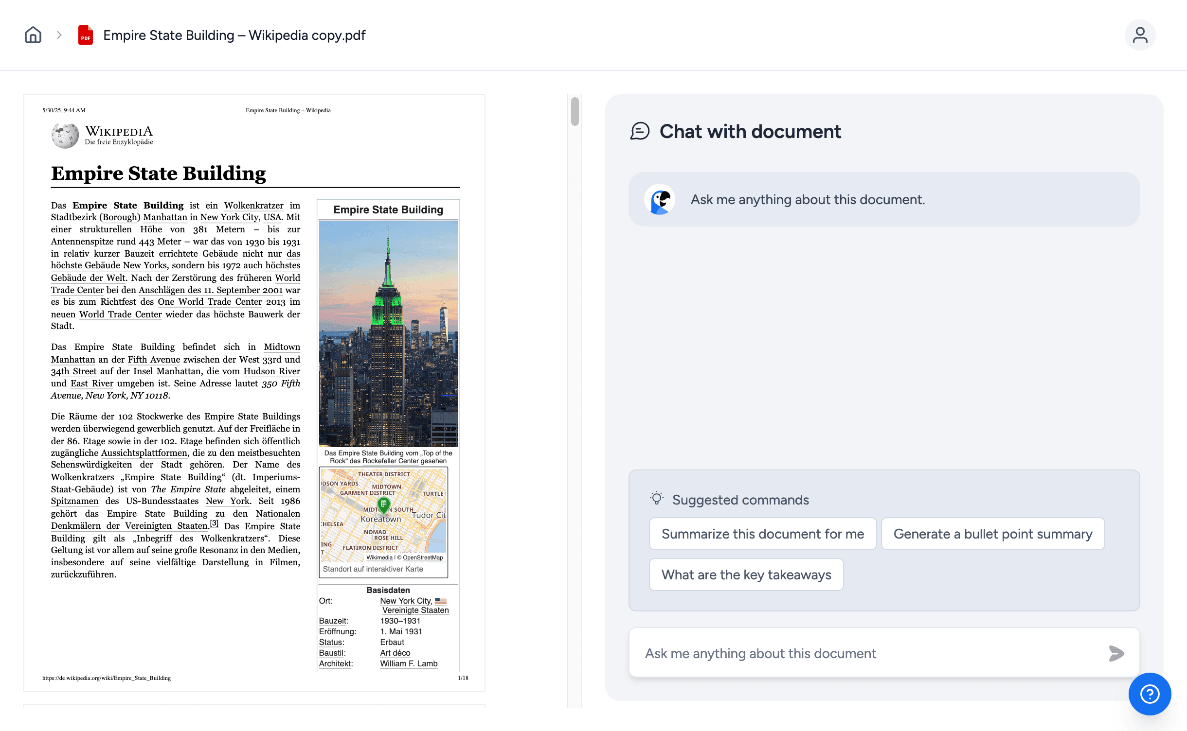SlideSpeak document chatbot interaction showing AI summary