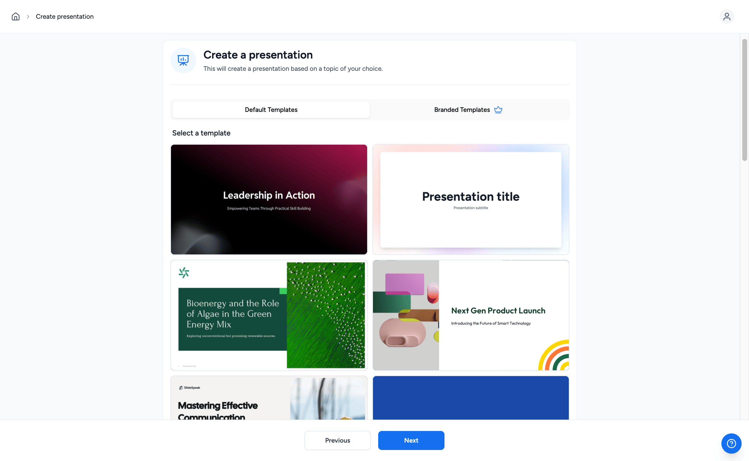 SlideSpeak template overview showing available designs