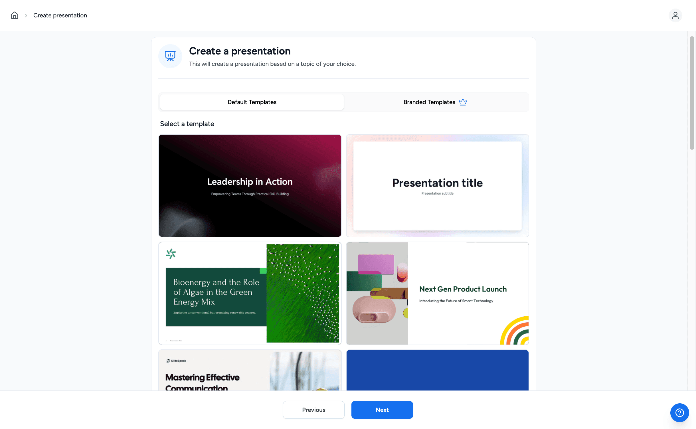 SlideSpeak template overview showing available designs