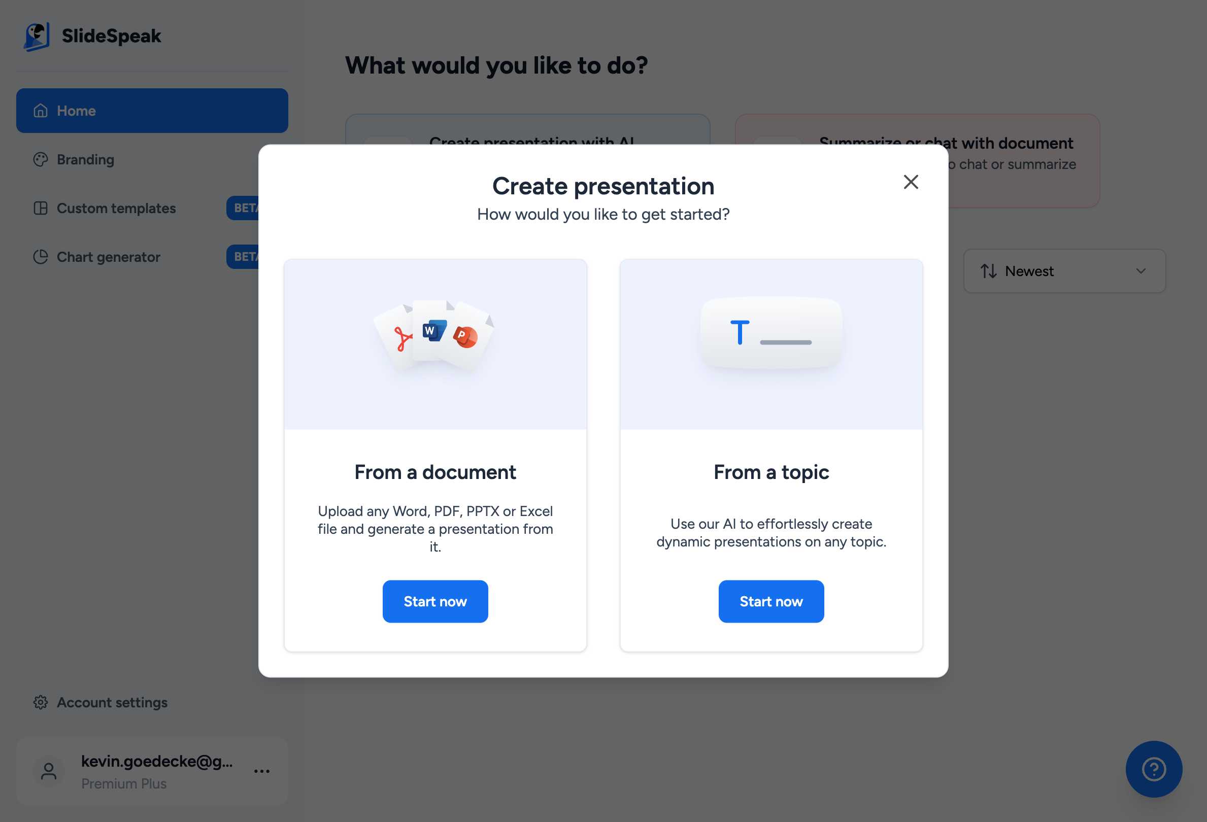 SlideSpeak create presentation dialog
