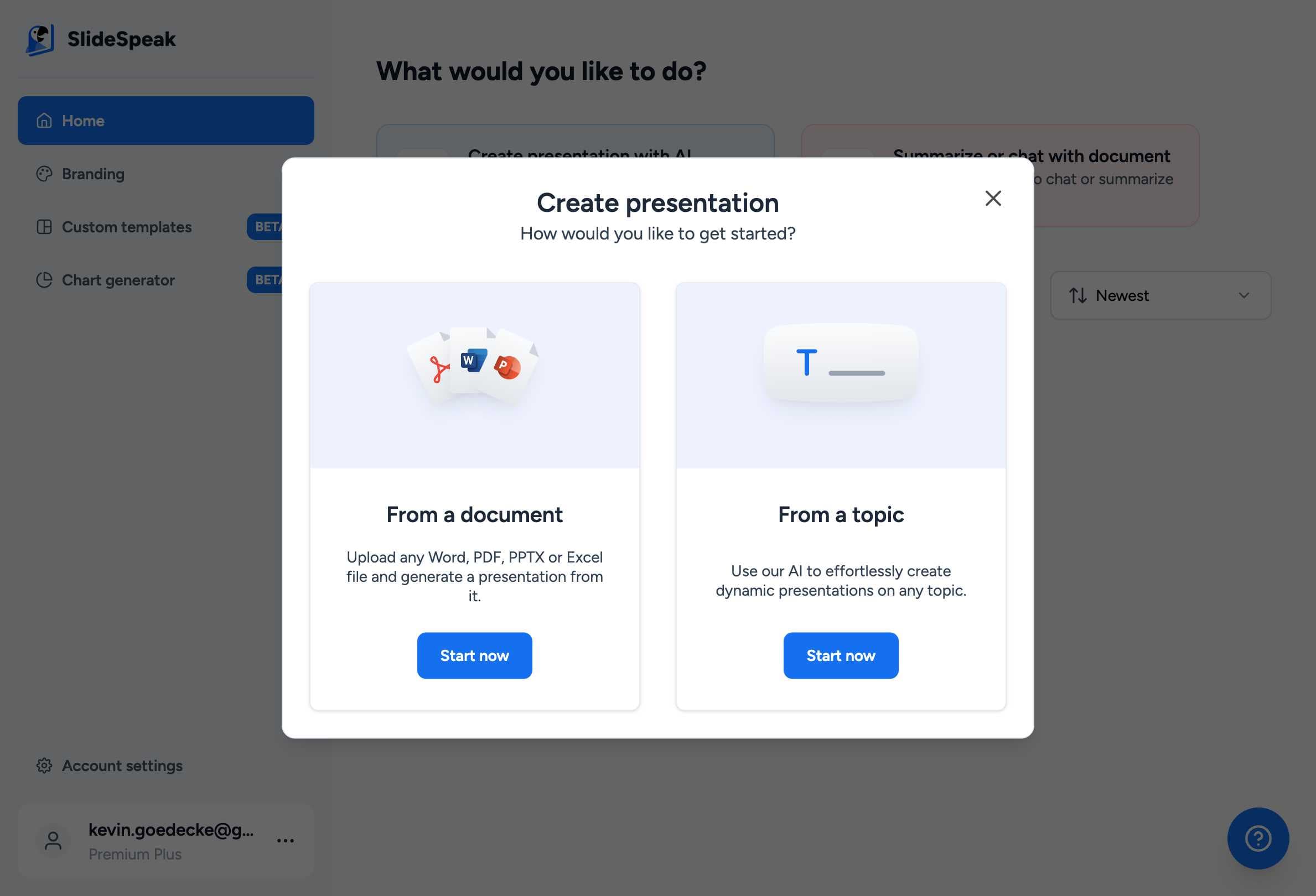 Slidespeak Creation Options